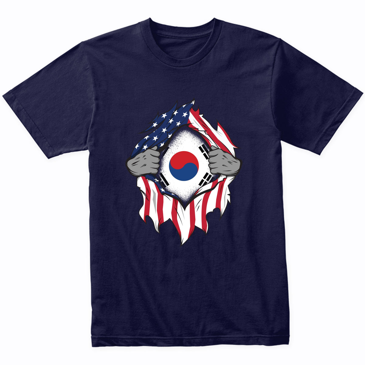 Korean American Flags Hands Ripping Flag on Chest T-Shirt