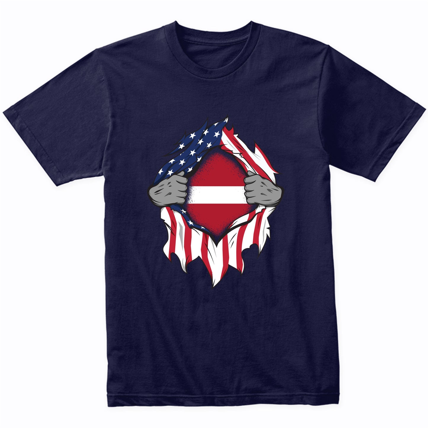 Latvian American Flags Hands Ripping Flag on Chest T-Shirt
