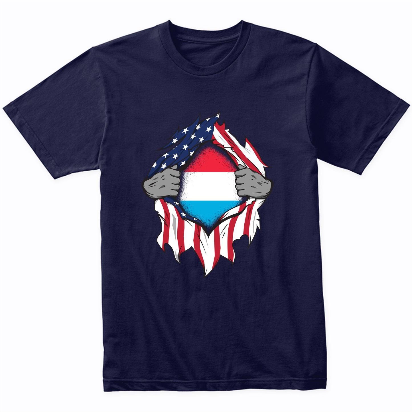 Luxembourgish American Flags Hands Ripping Flag on Chest T-Shirt