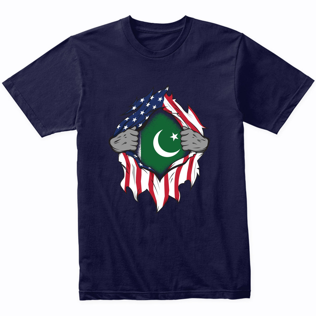Pakistani American Flags Hands Ripping Flag on Chest T-Shirt