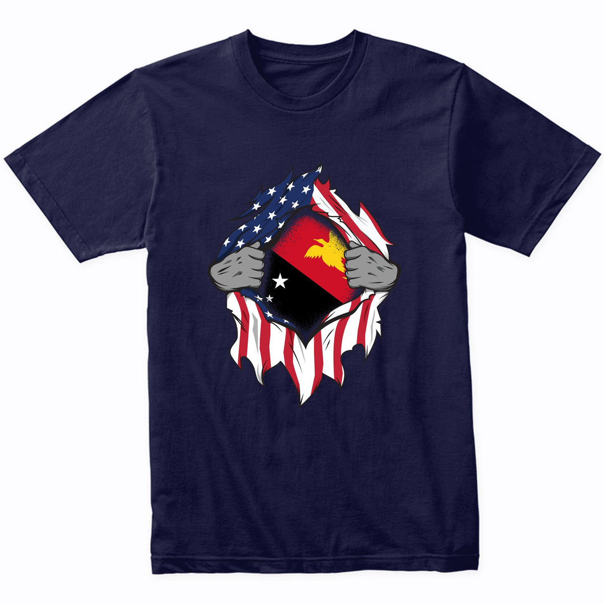 Papuan American Flags Hands Ripping Flag on Chest T-Shirt