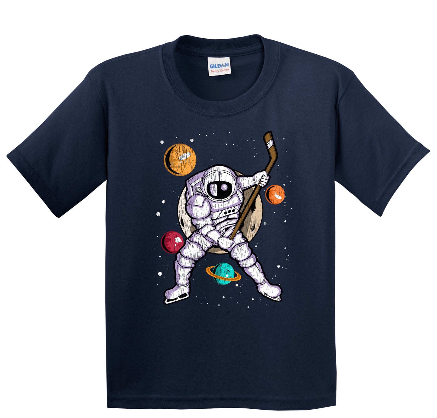 Hockey Astronaut Outer Space Spaceman Distressed Youth T-Shirt