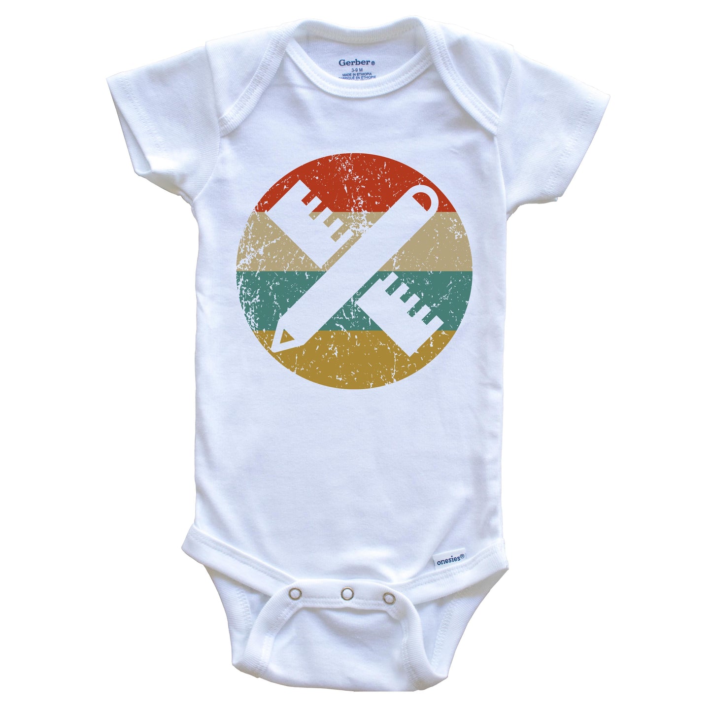 Teacher Vintage Retro Ruler Pencil Circle Icon Baby Onesie