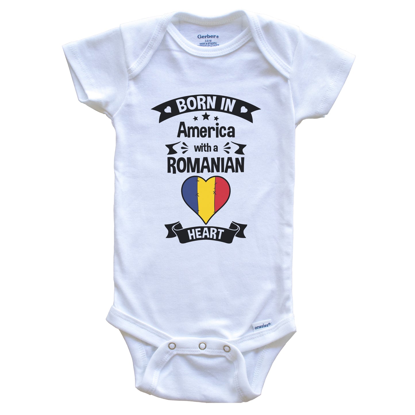 Born In America With A Romanian Heart Baby Onesie
