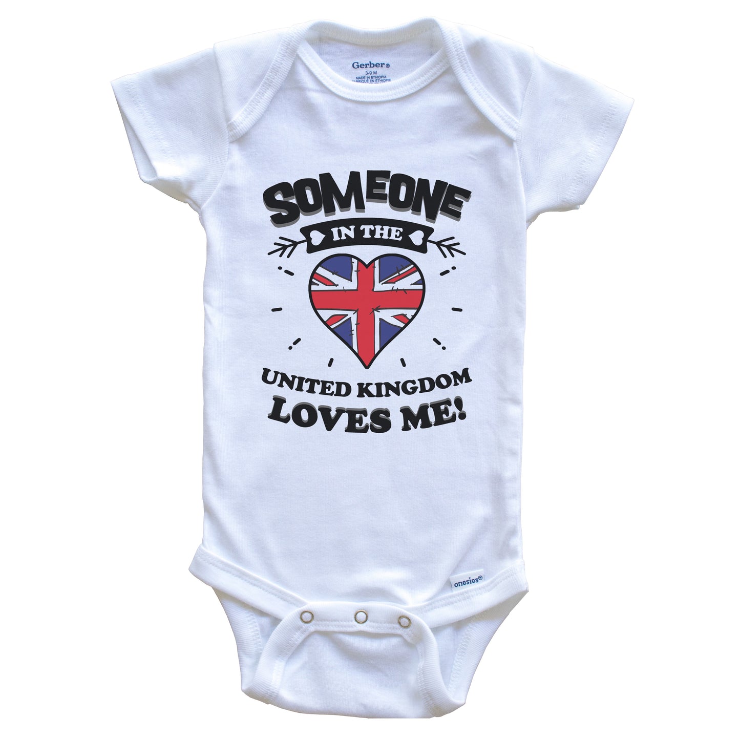 Someone In the United Kingdom Loves Me British Flag Heart Baby Onesie