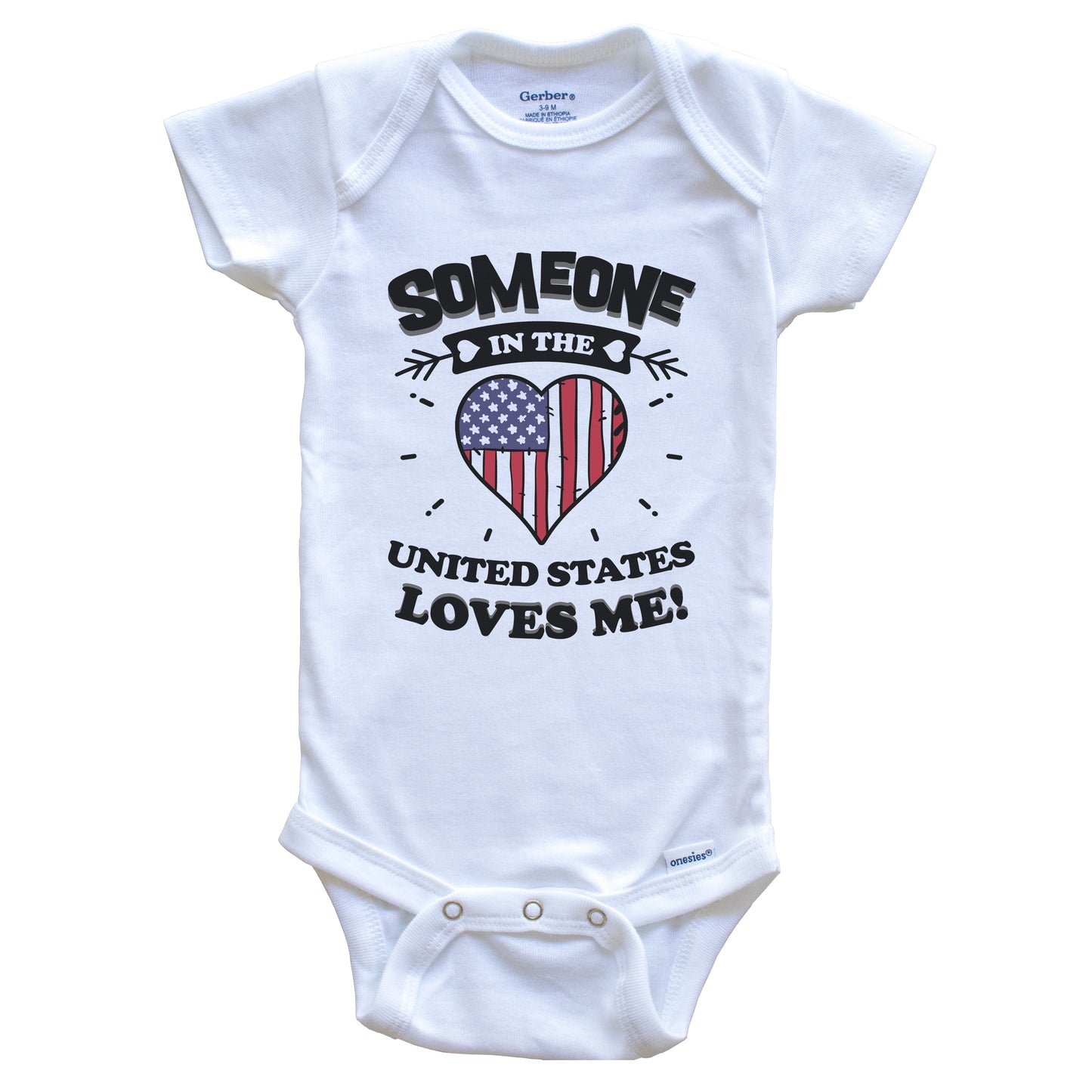 Someone In the United States Loves Me American Flag Heart Baby Onesie