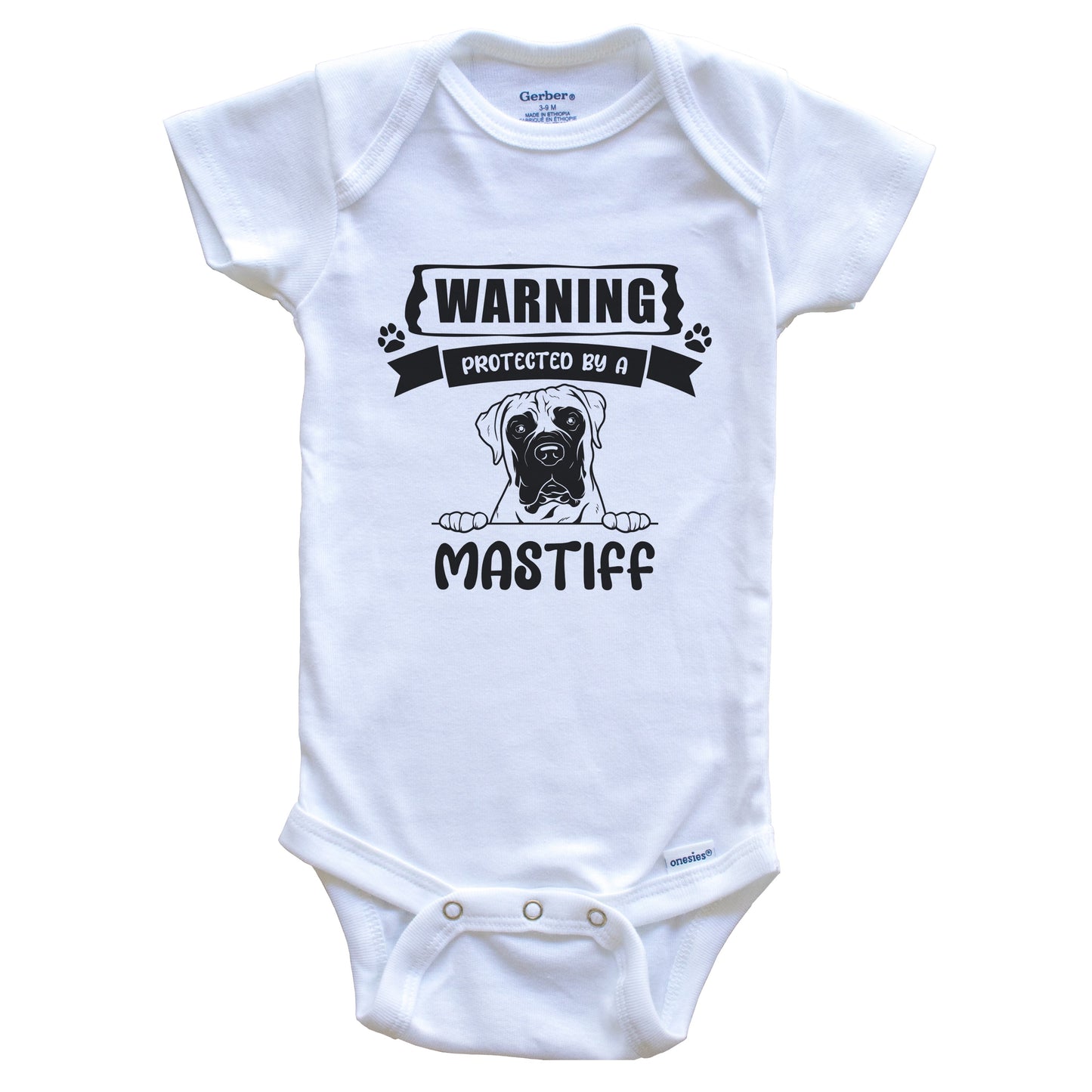 Warning Protected By A Mastiff Funny Cute Dog Breed Baby Bodysuit