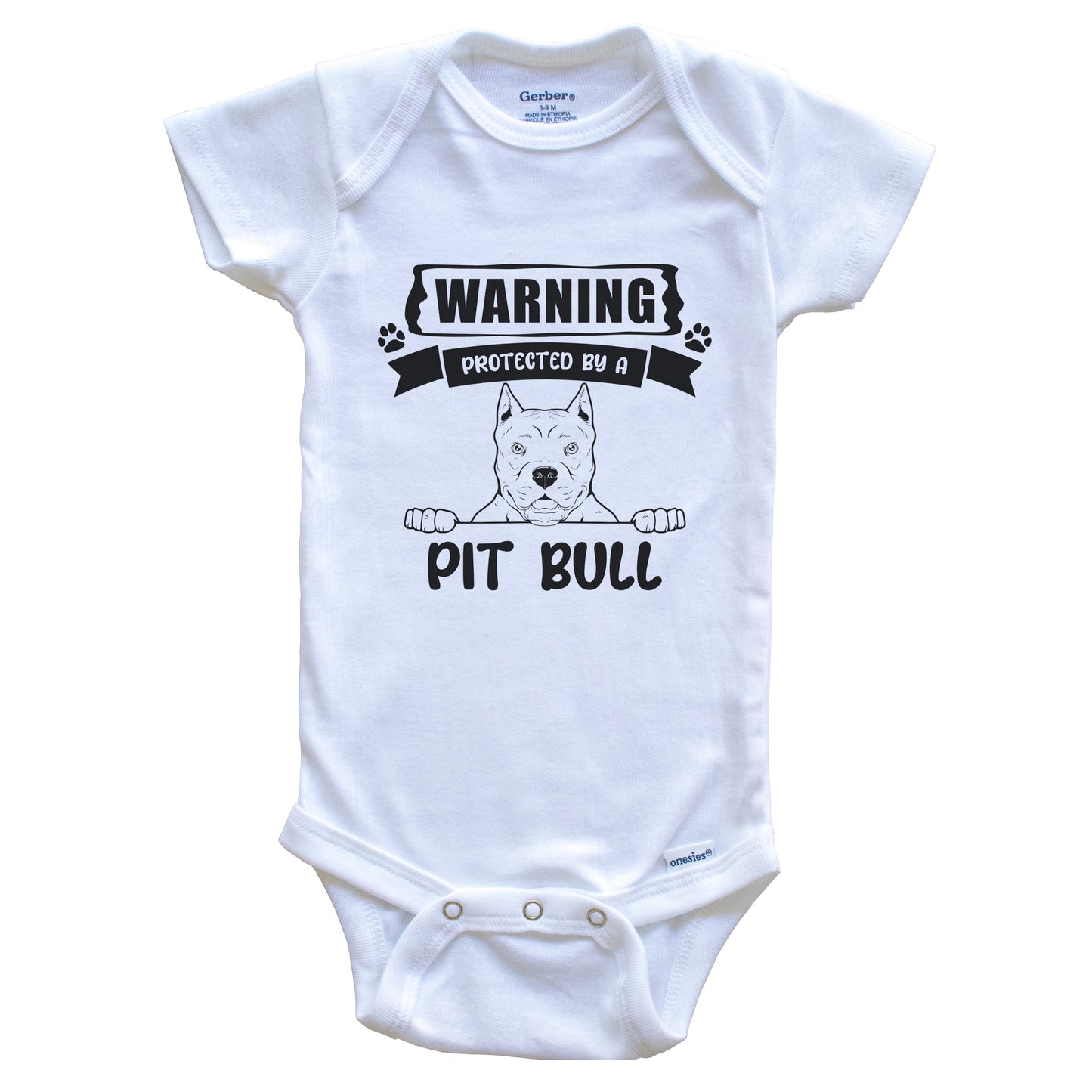 Warning Protected By A Pit Bull Funny Cute Dog Breed Baby Bodysuit