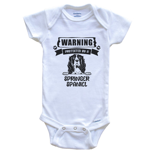 Warning Protected By A Springer Spaniel Funny Cute Dog Breed Baby Bodysuit