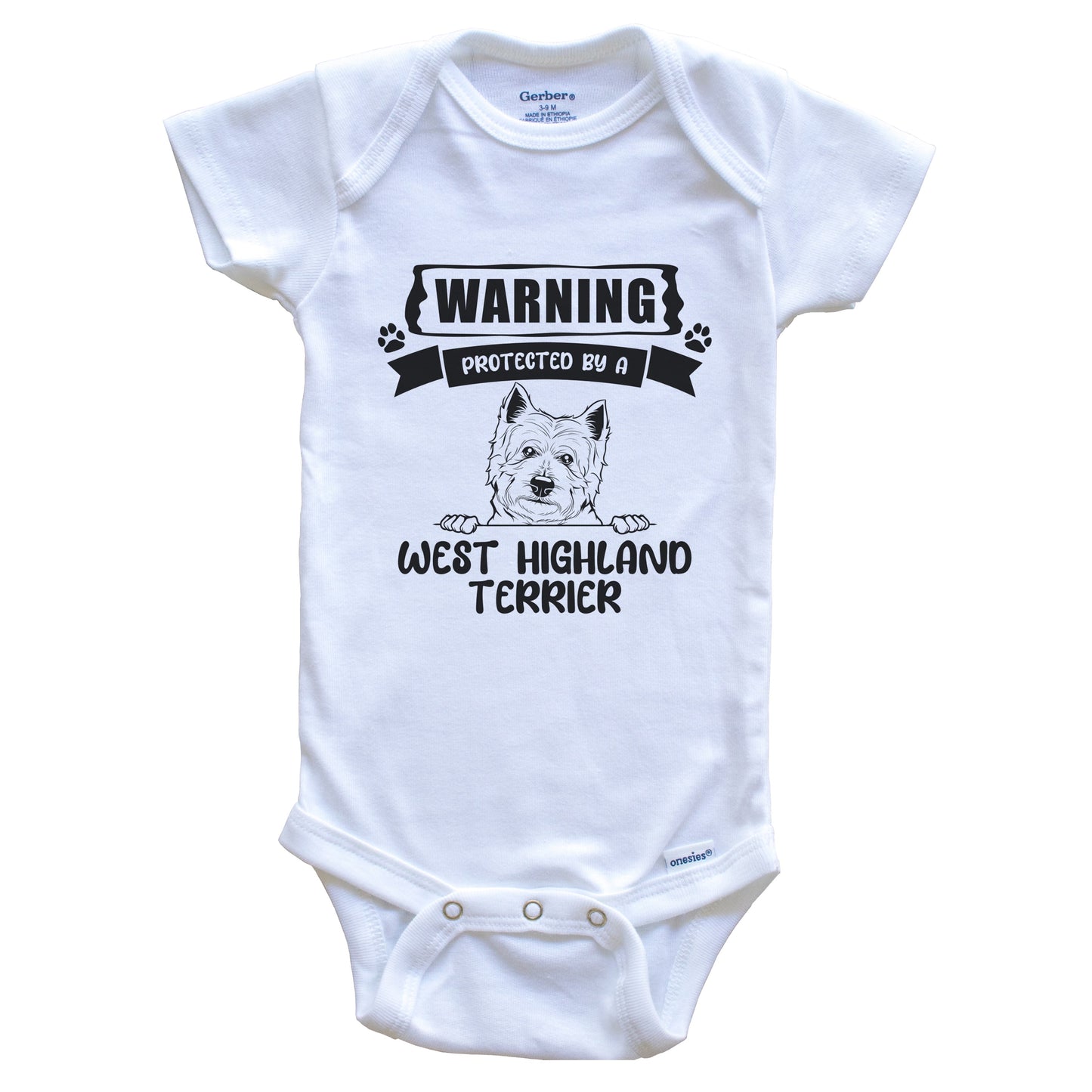 Warning Protected By A West Highland Terrier Funny Cute Dog Breed Baby Bodysuit