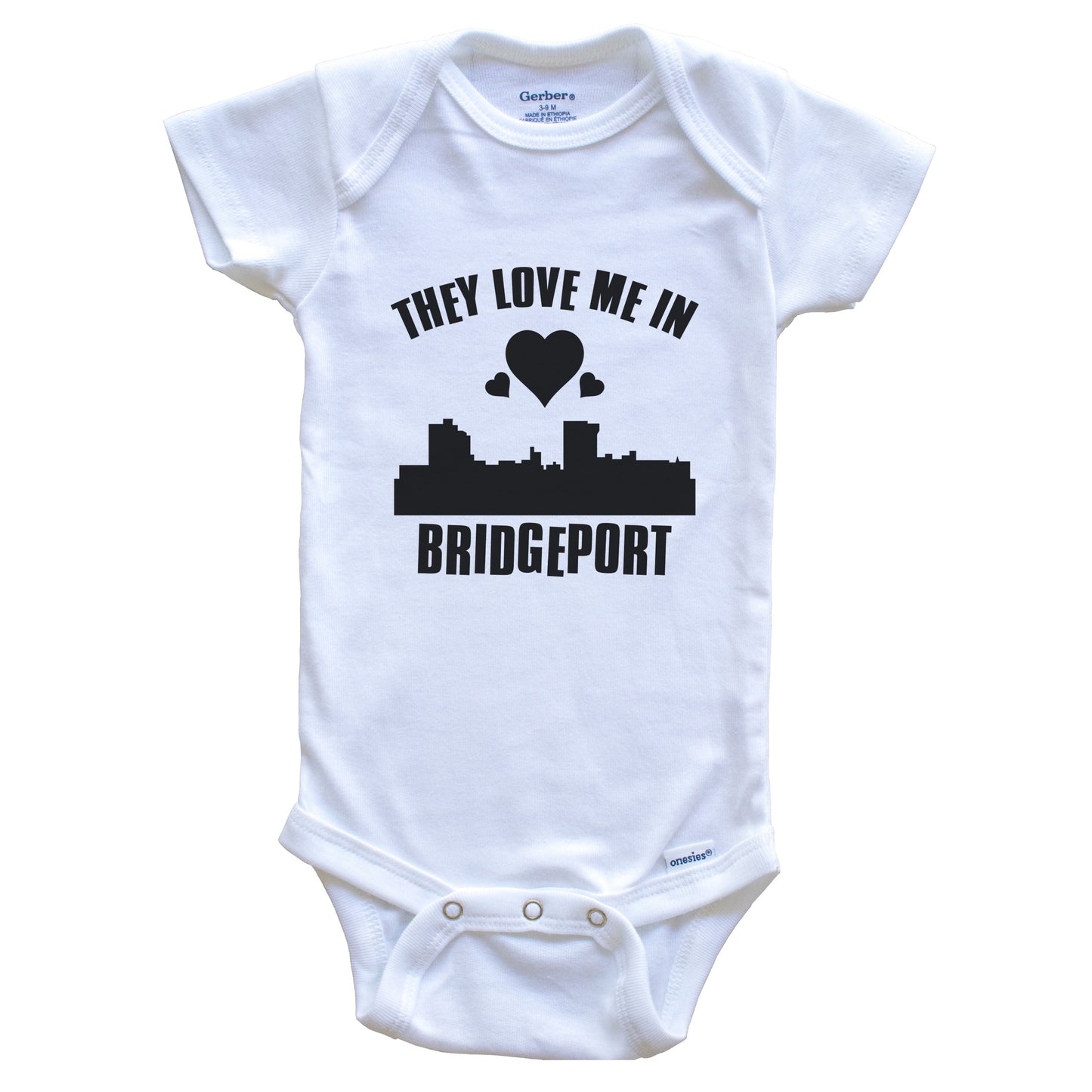 They Love Me In Bridgeport Connecticut Hearts Skyline One Piece Baby Bodysuit