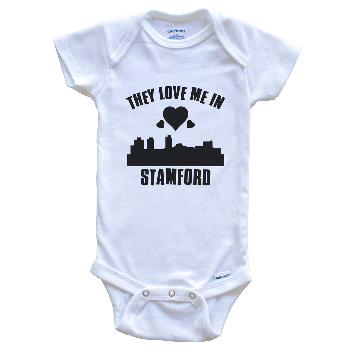 They Love Me In Stamford Connecticut Hearts Skyline One Piece Baby Bodysuit