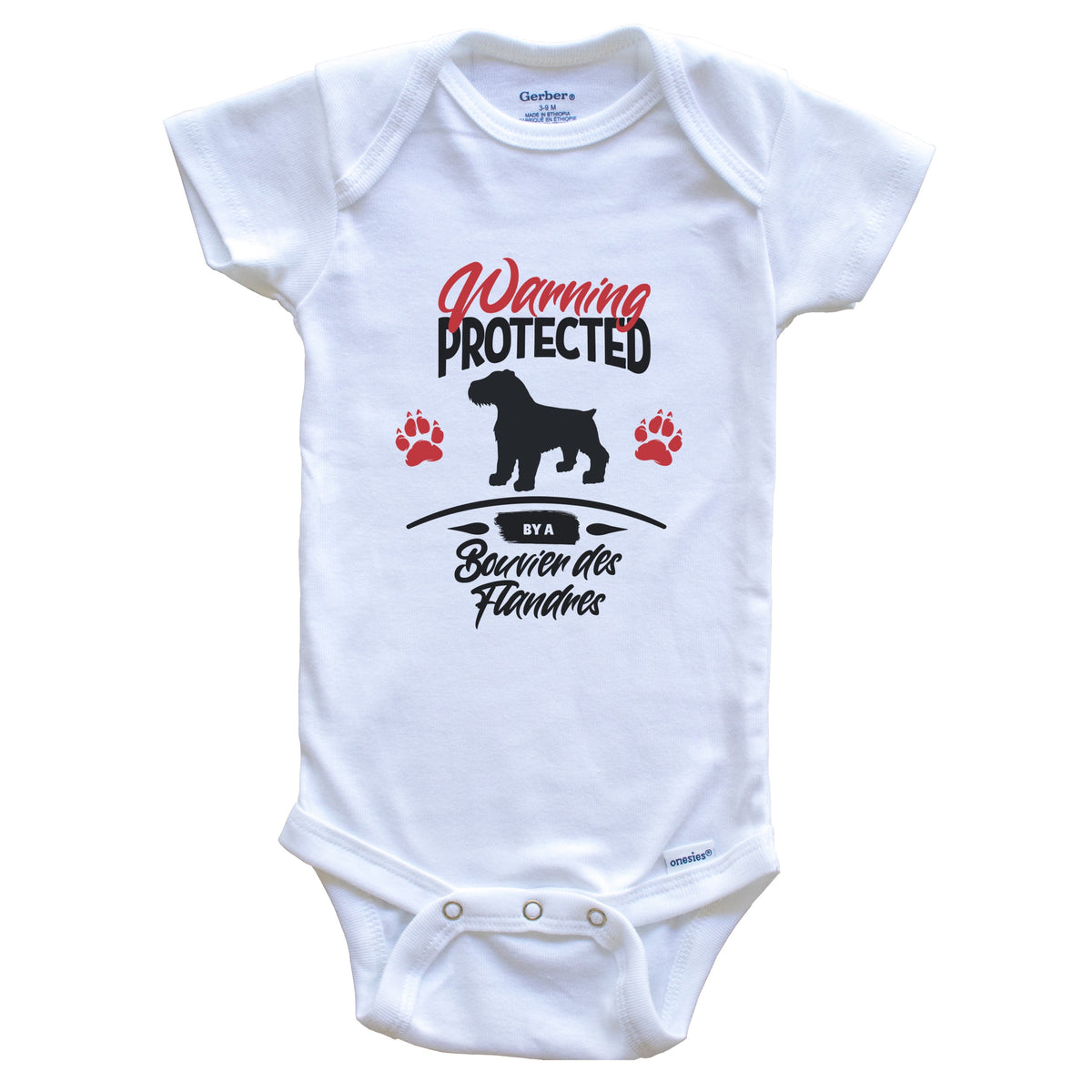 Warning Protected By A Bouvier des Flandres Funny Dog Owner Baby Bodysuit