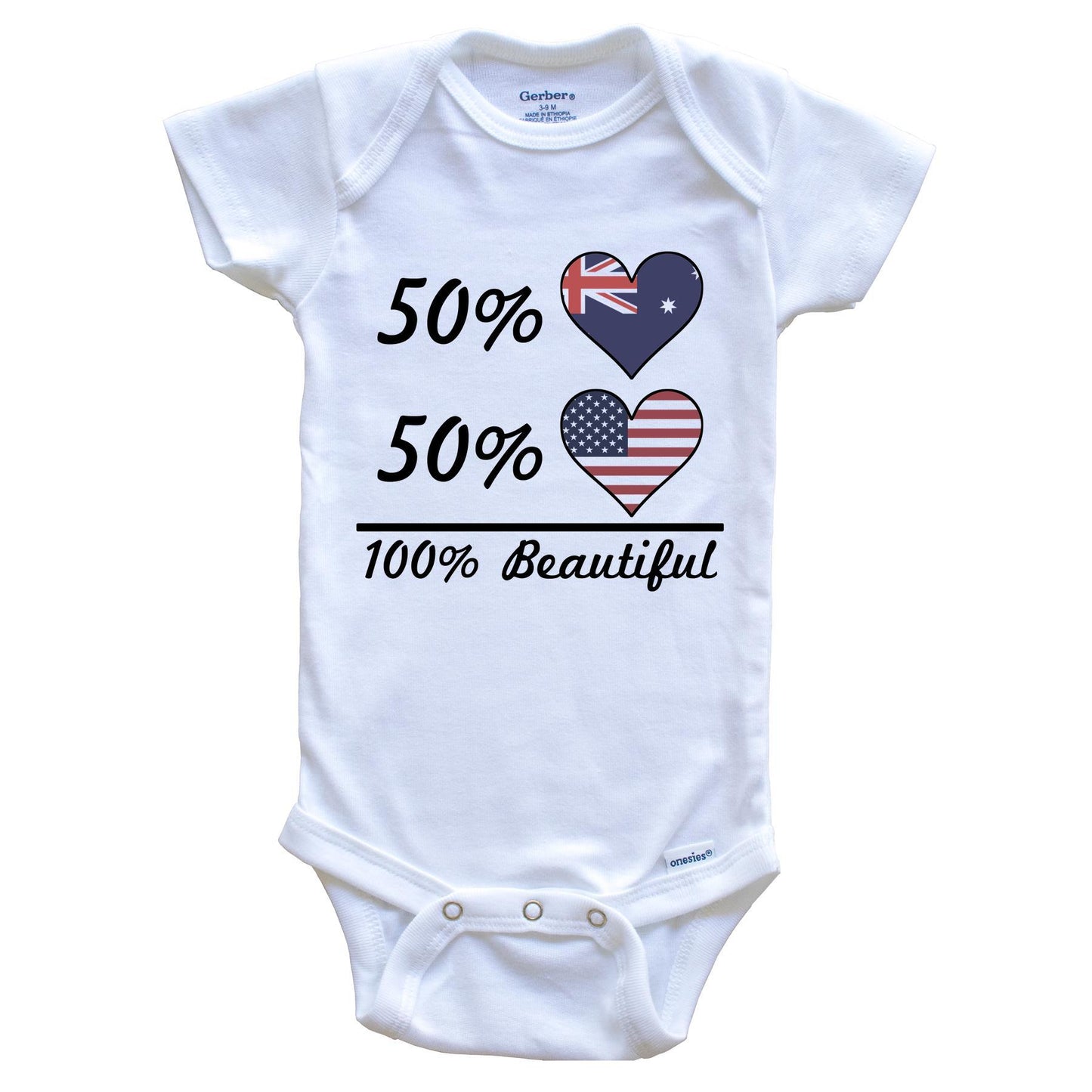 50% Australian 50% American 100% Beautiful Australia Flag Heart Baby Onesie