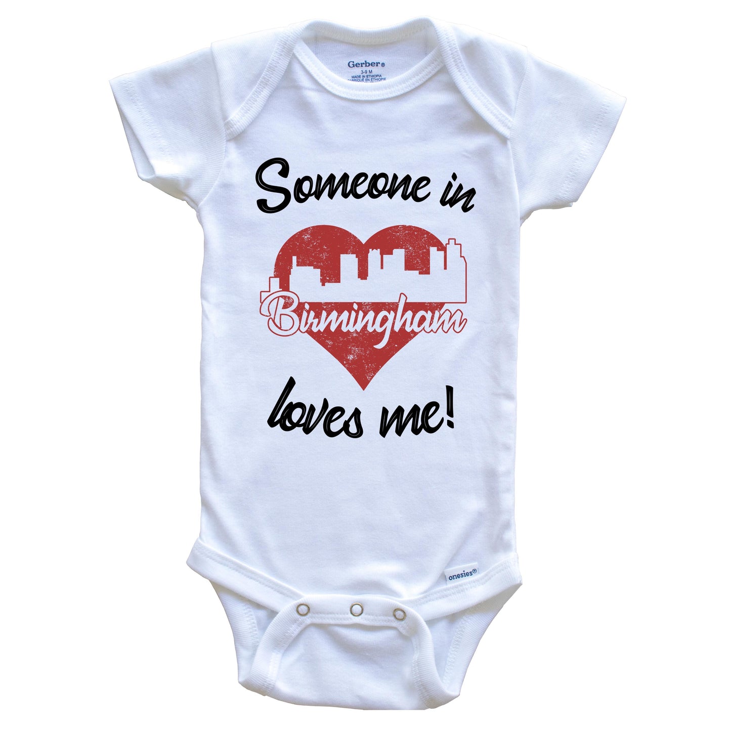 Someone In Birmingham Loves Me Red Heart Skyline Baby Onesie