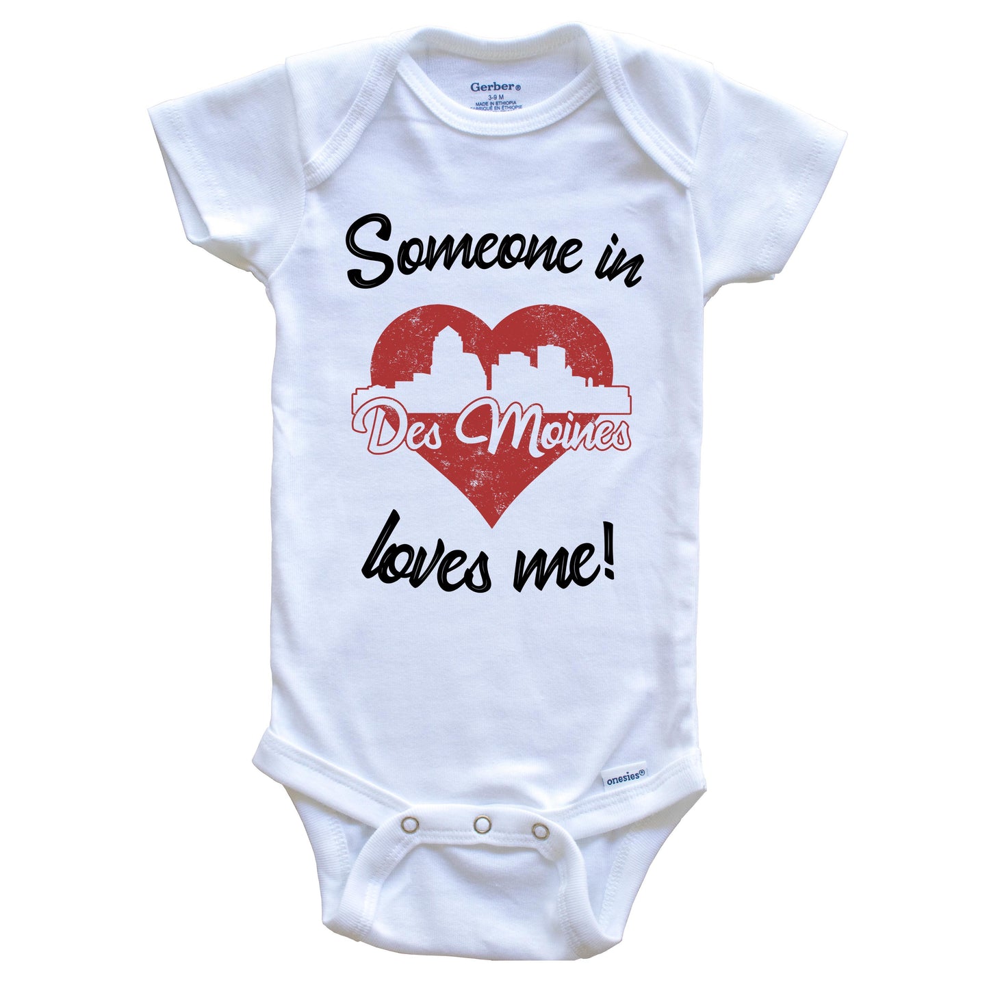 Someone In Des Moines Loves Me Red Heart Skyline Baby Onesie
