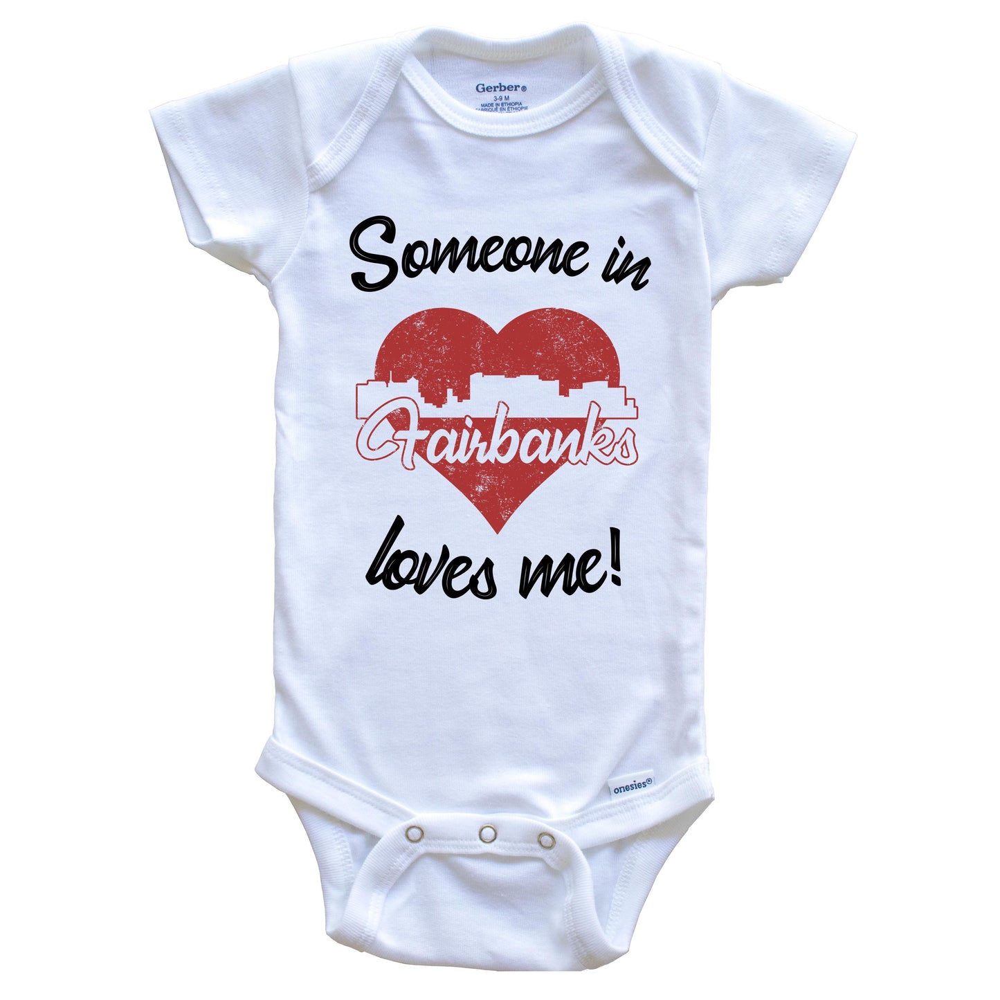 Someone In Fairbanks Loves Me Red Heart Skyline Baby Onesie