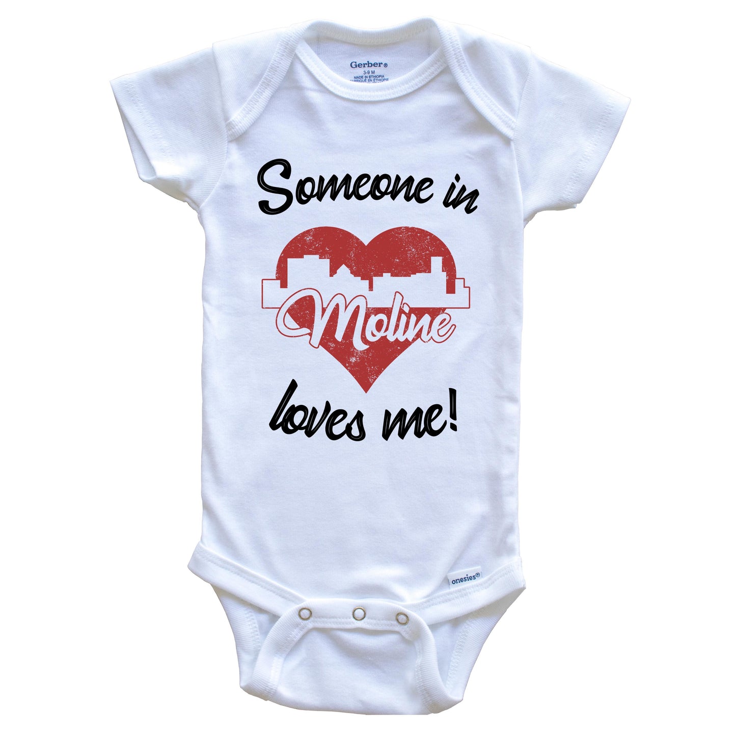 Someone In Moline Loves Me Red Heart Skyline Baby Onesie