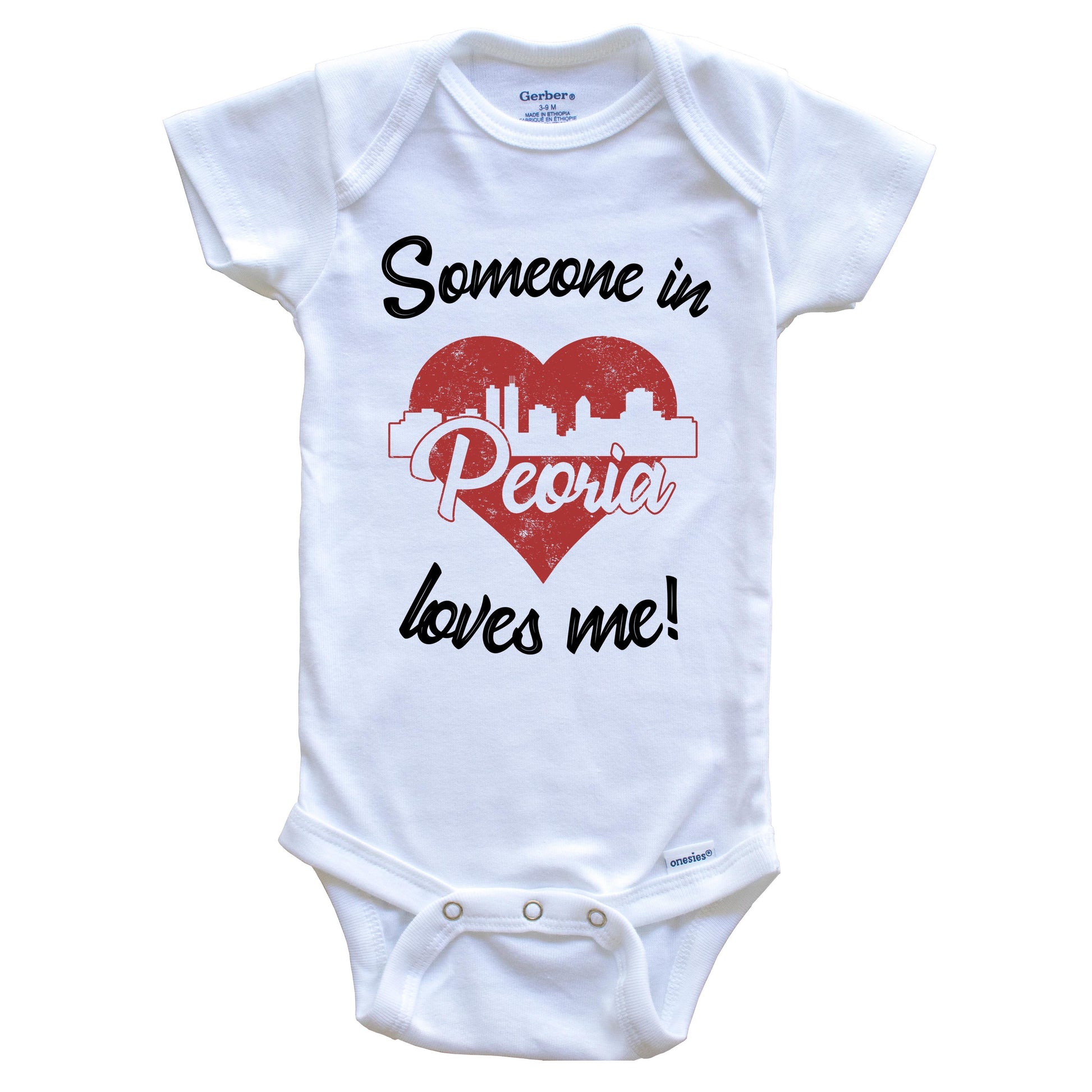 Someone In Peoria Loves Me Red Heart Skyline Baby Onesie