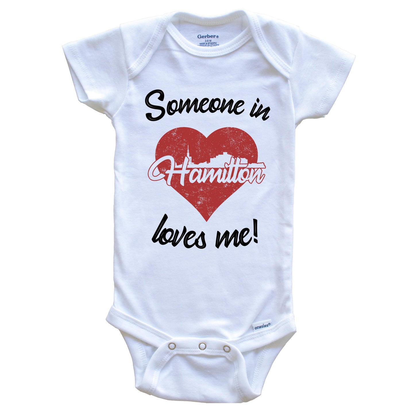 Someone In Hamilton Loves Me Red Heart Skyline Baby Onesie