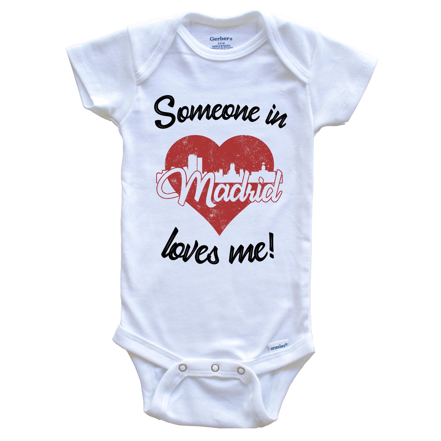 Someone In Madrid Loves Me Red Heart Skyline Baby Onesie