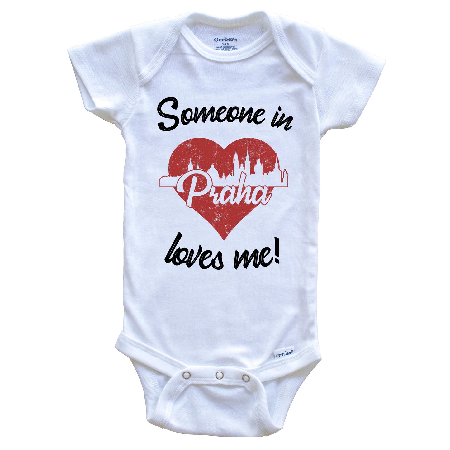 Someone In Praha Loves Me Red Heart Skyline Baby Onesie