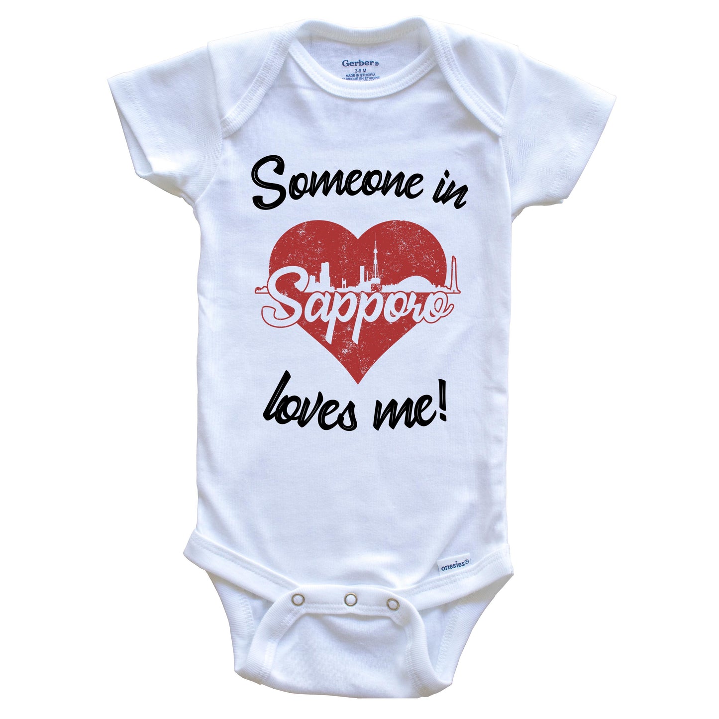 Someone In Sapporo Loves Me Red Heart Skyline Baby Onesie