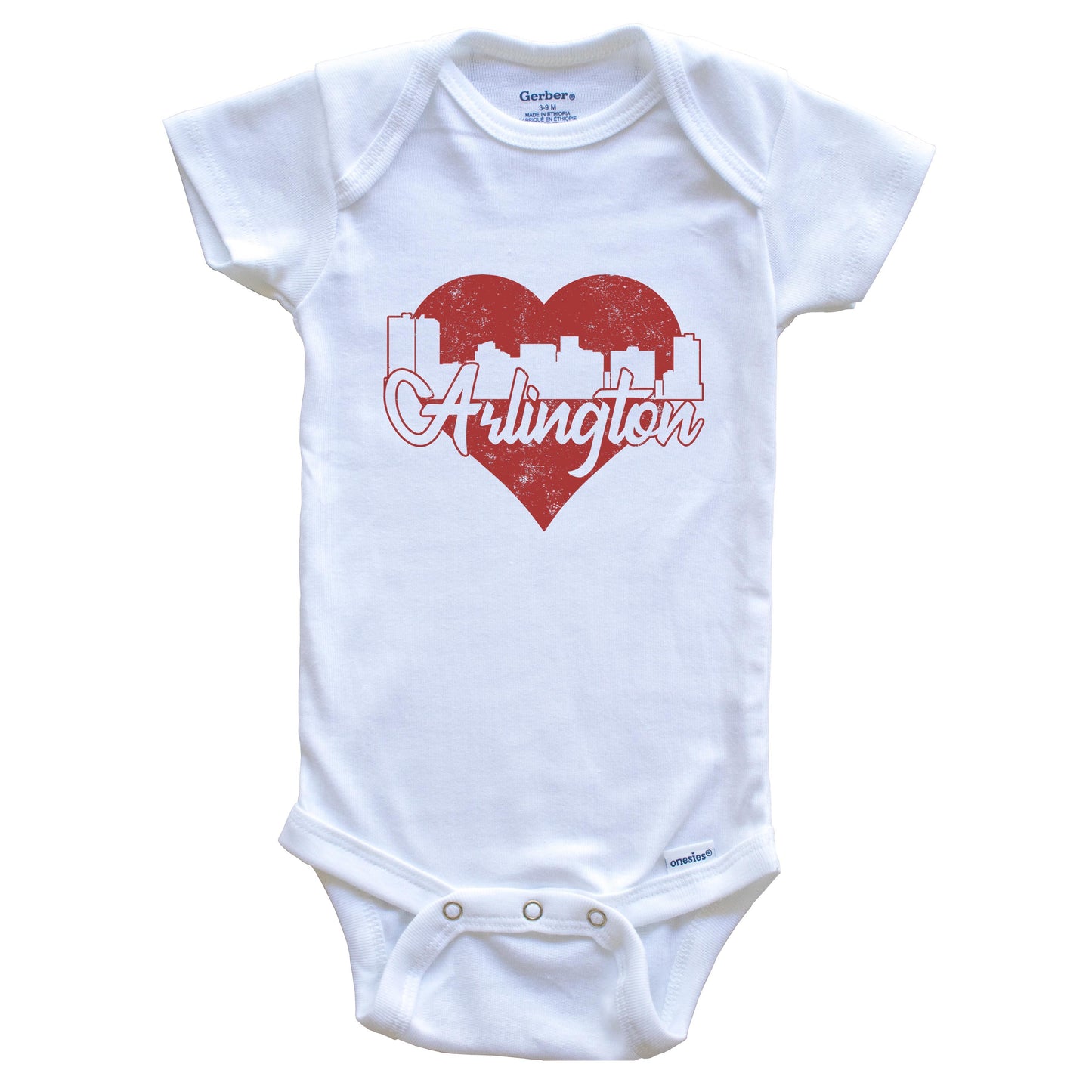 Retro Arlington Texas Skyline Red Heart Baby Onesie