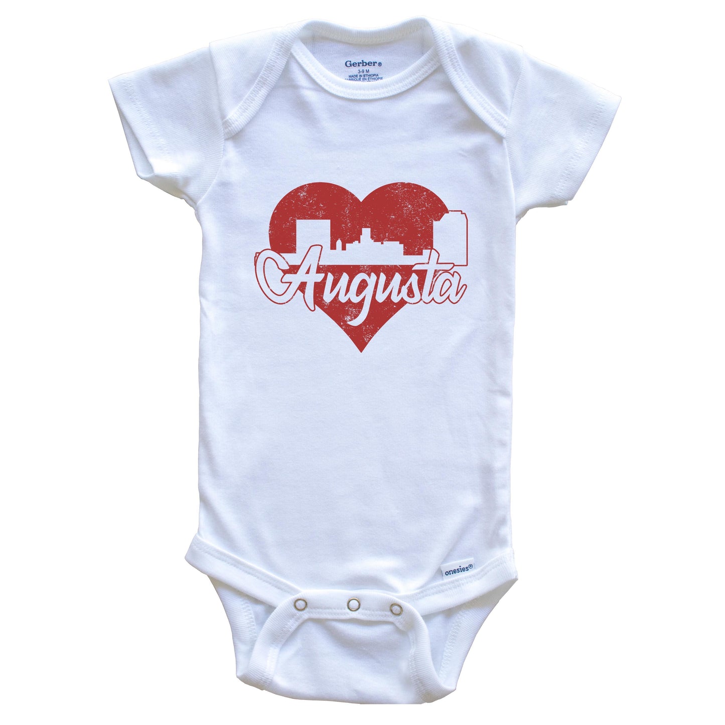 Retro Augusta Georgia Skyline Red Heart Baby Onesie