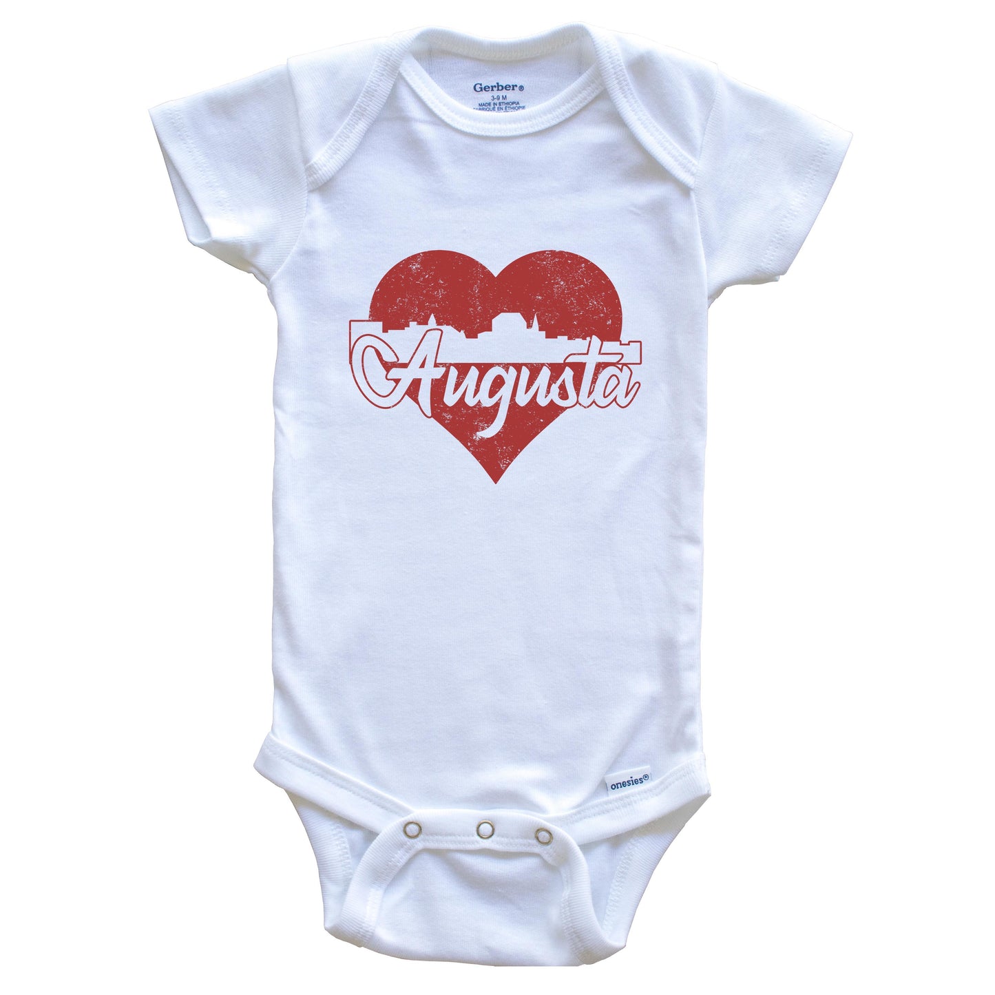 Retro Augusta Maine Skyline Red Heart Baby Onesie