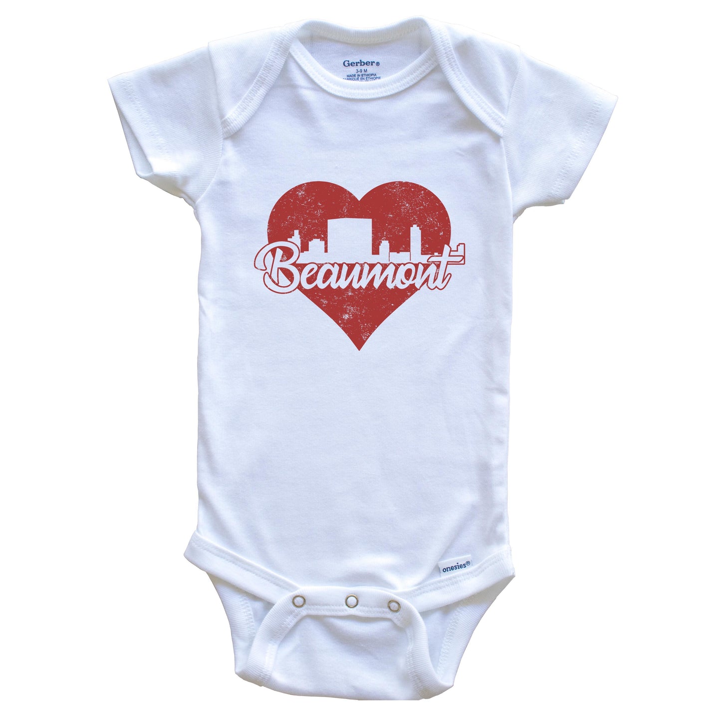 Retro Beaumont Texas Skyline Red Heart Baby Onesie