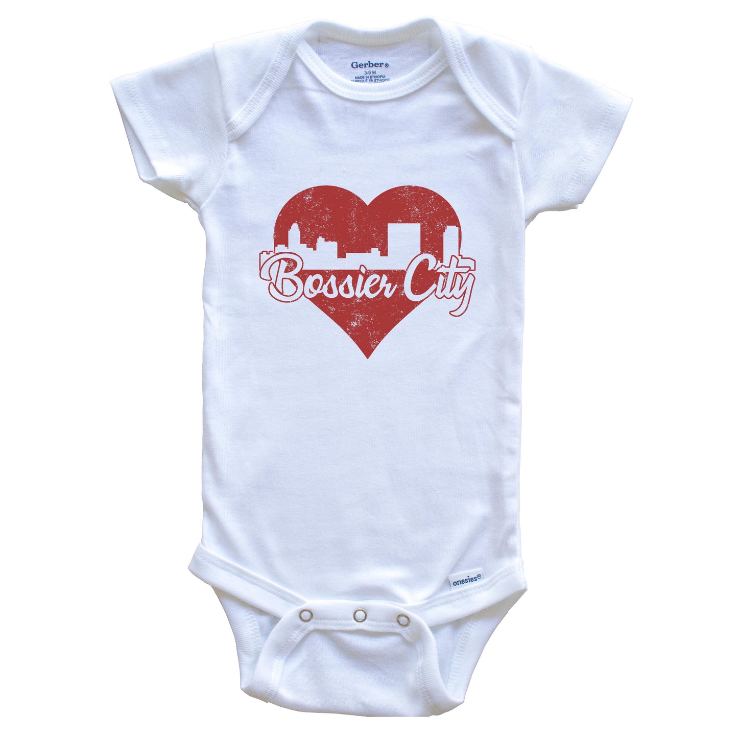 Retro Bossier City Louisiana Skyline Red Heart Baby Onesie