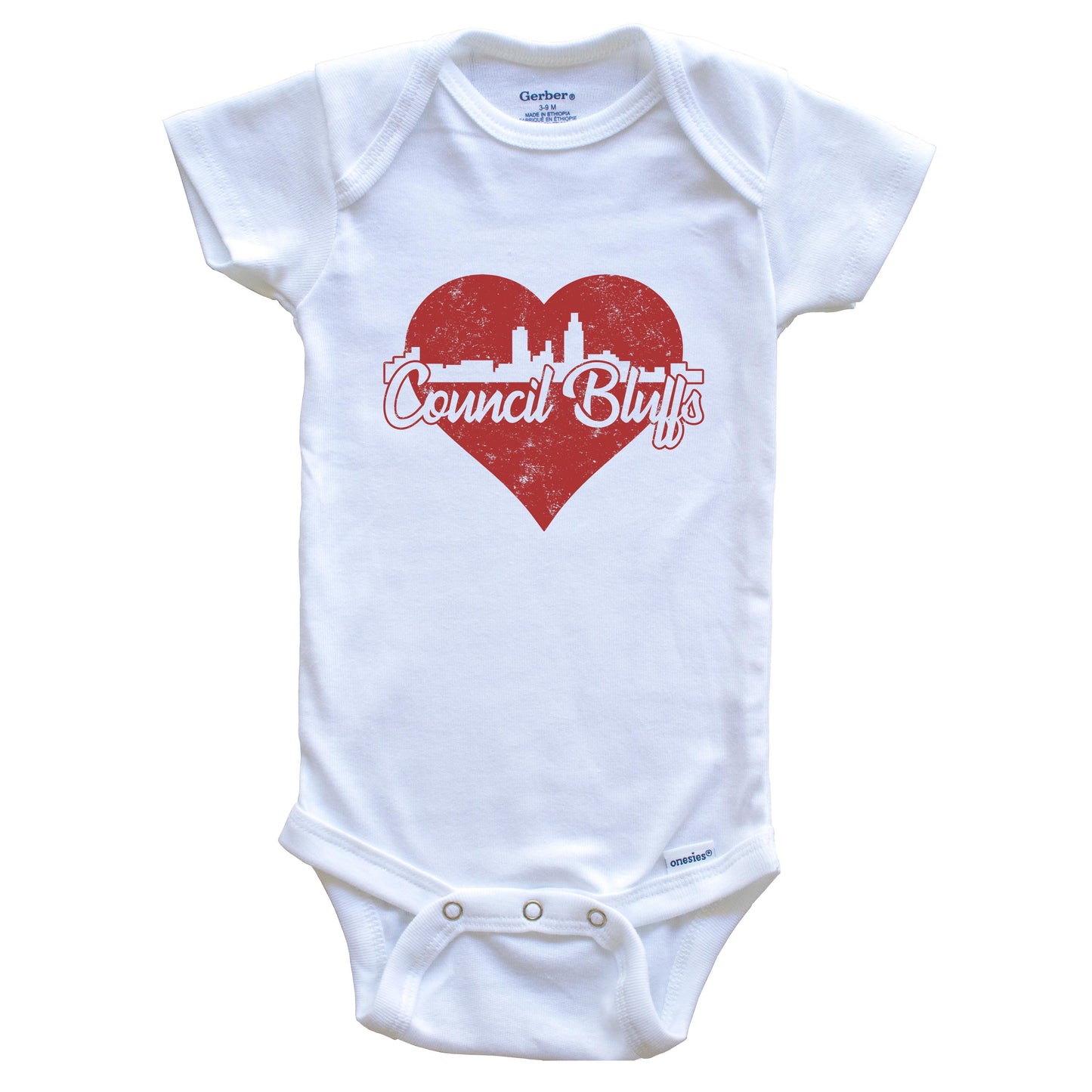 Retro Council Bluffs Iowa Skyline Red Heart Baby Onesie
