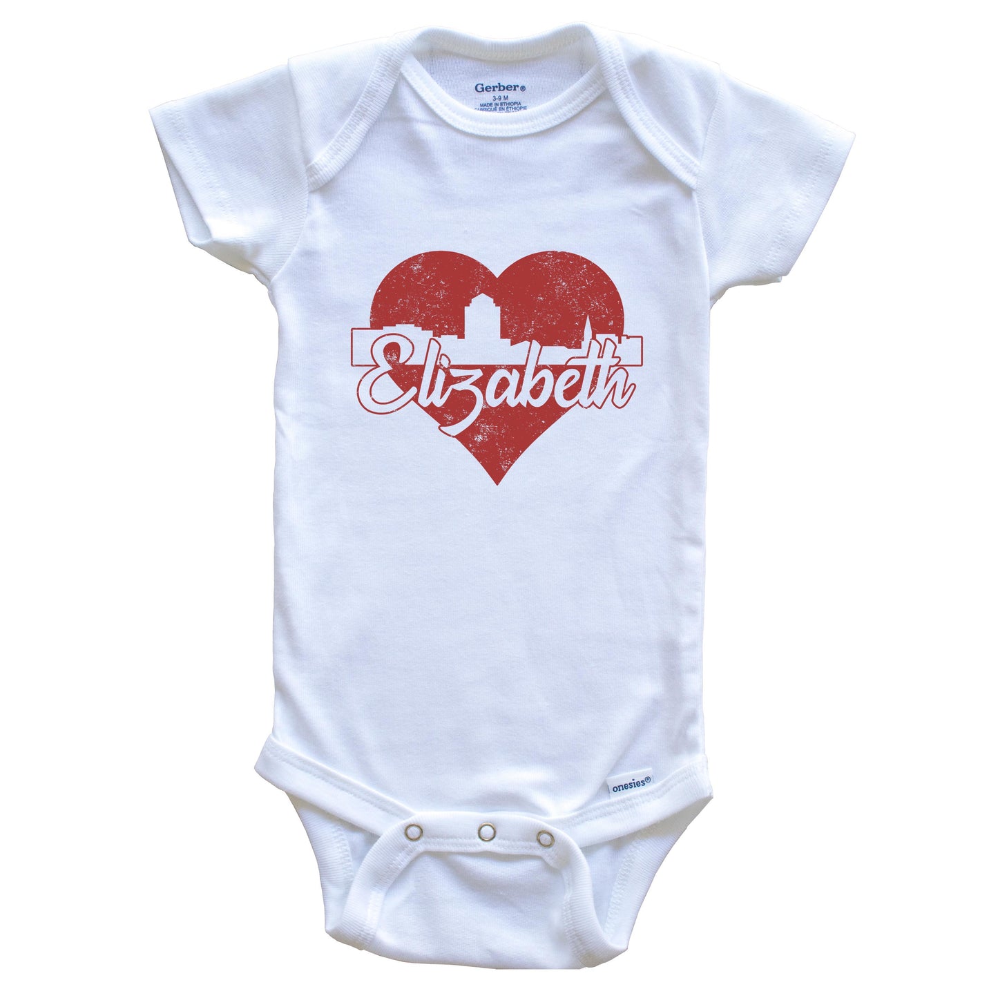 Retro Elizabeth New Jersey Skyline Red Heart Baby Onesie