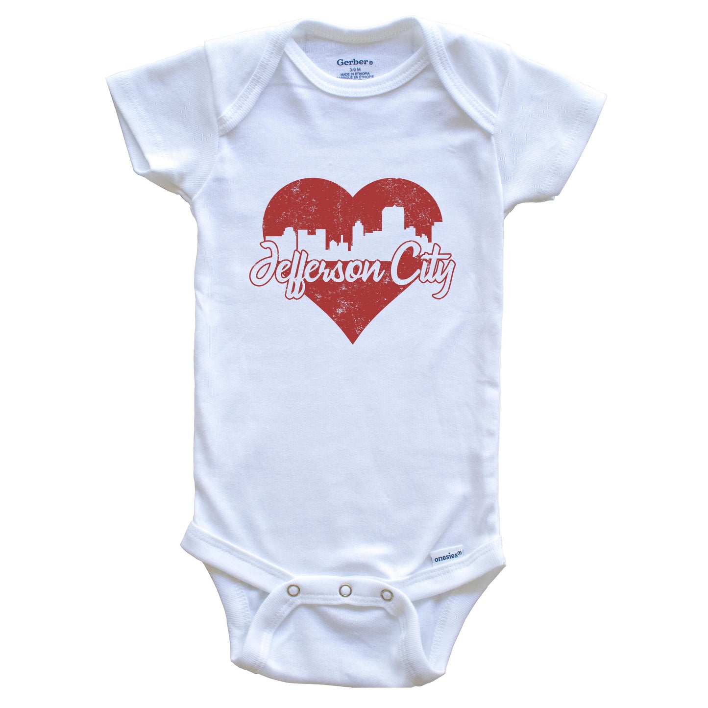 Retro Jefferson City Missouri Skyline Red Heart Baby Onesie