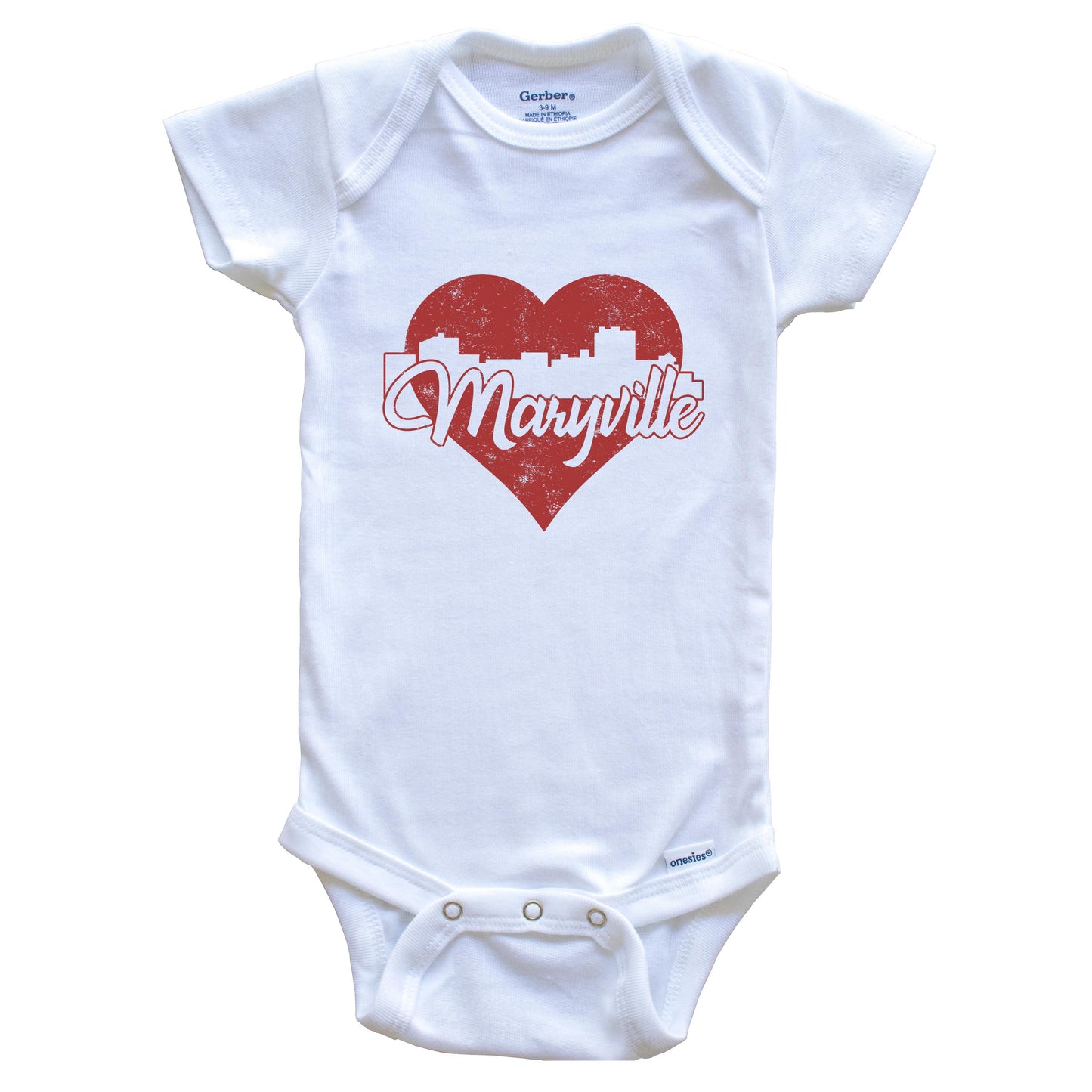 Retro Maryville Tennessee Skyline Red Heart Baby Onesie