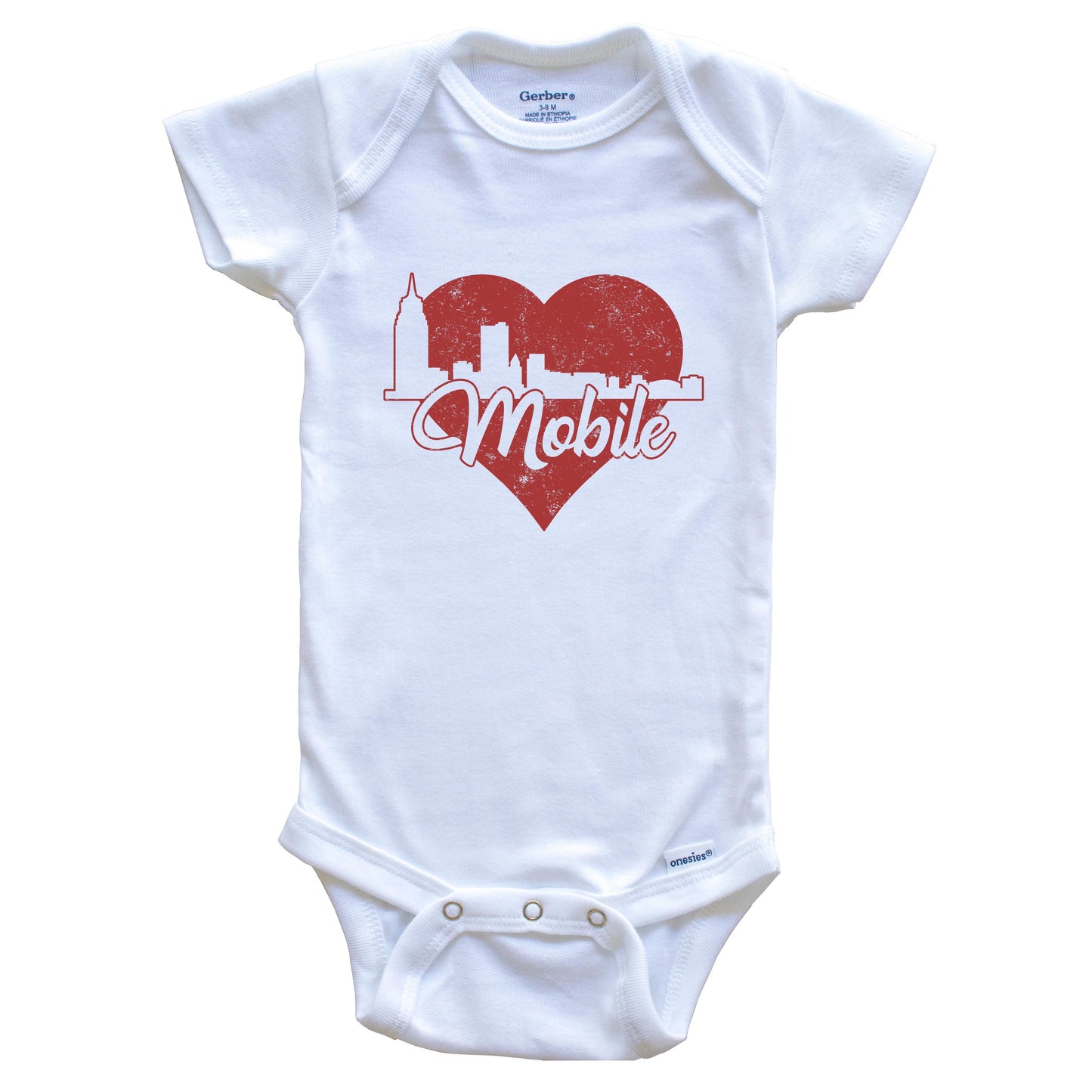 Retro Mobile Alabama Skyline Red Heart Baby Onesie