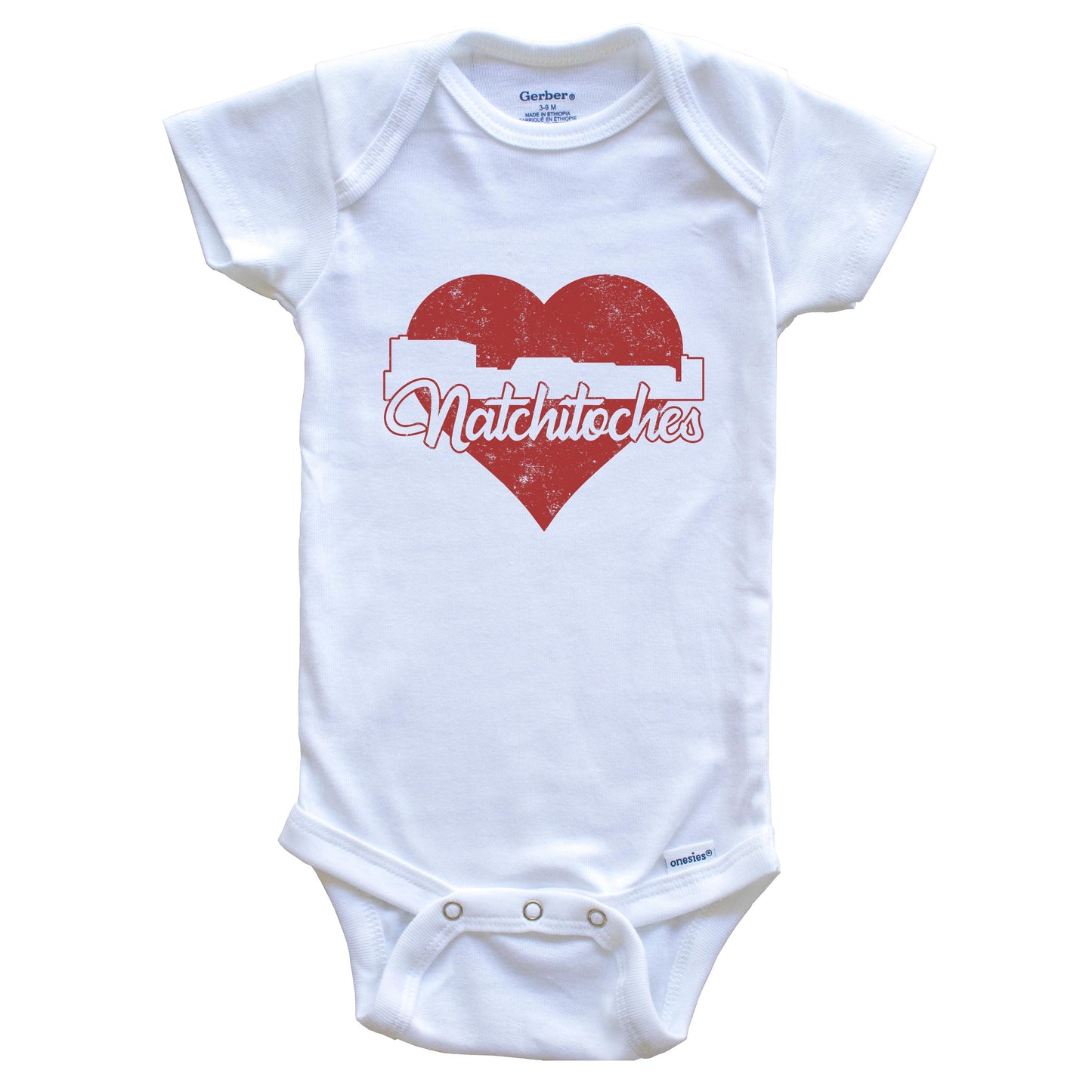 Retro Natchitoches Louisiana Skyline Red Heart Baby Onesie