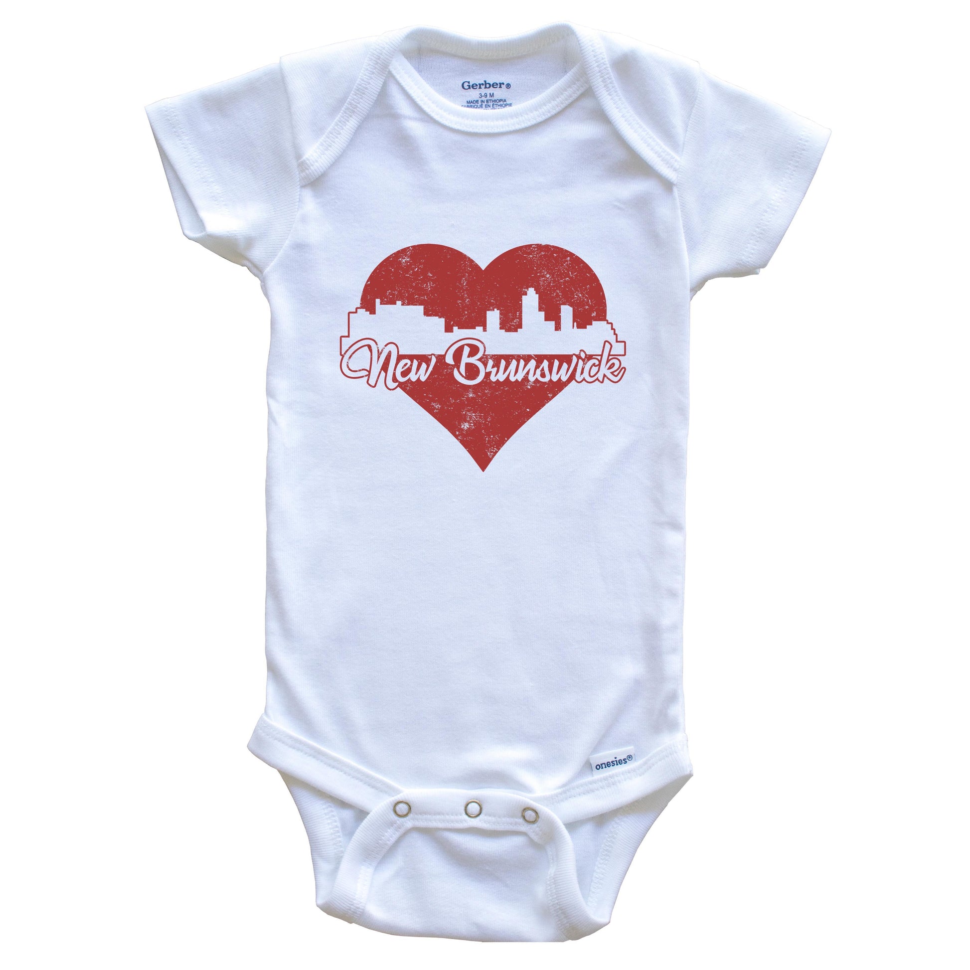 Retro New Brunswick New Jersey Skyline Red Heart Baby Onesie
