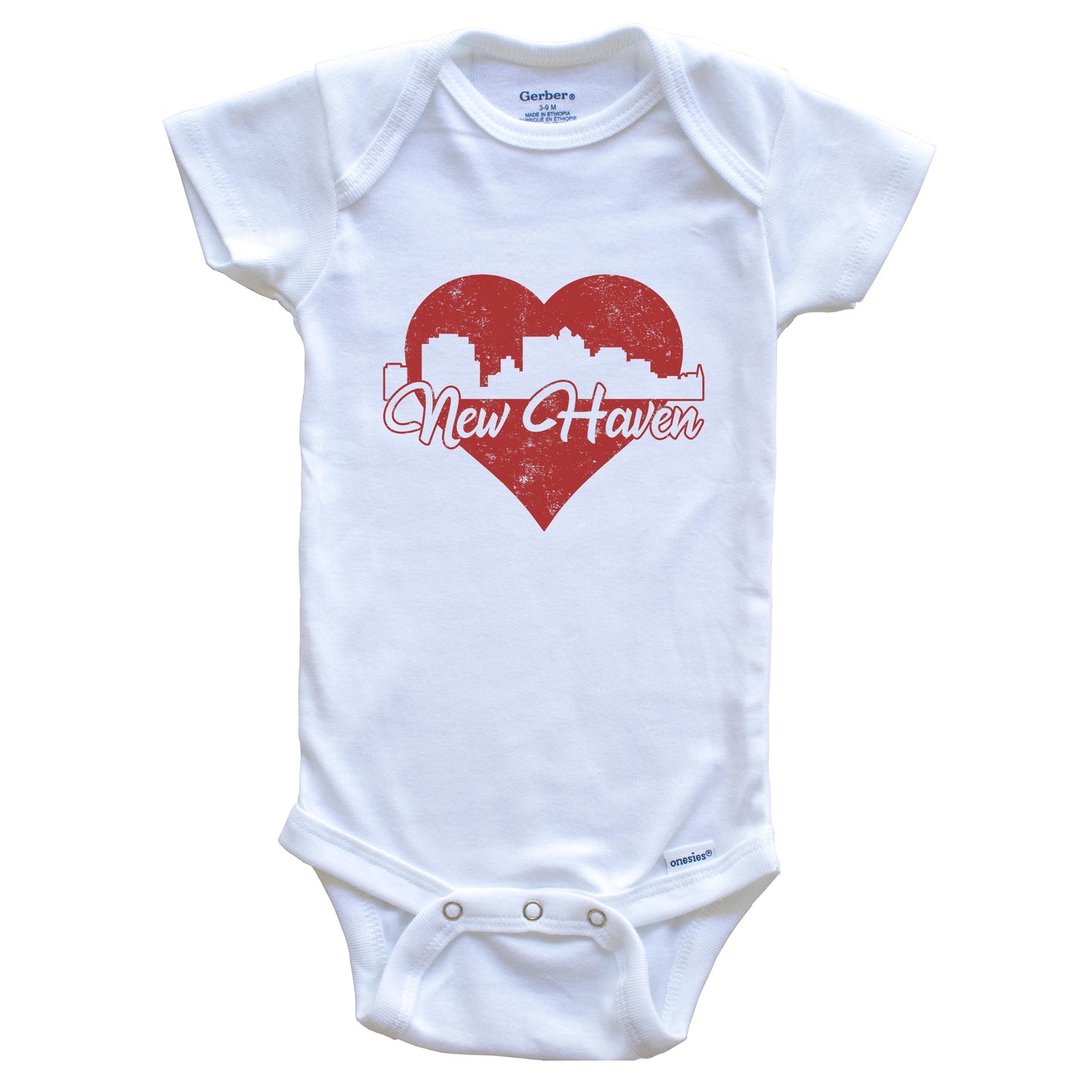 Retro New Haven Connecticut Skyline Red Heart Baby Onesie