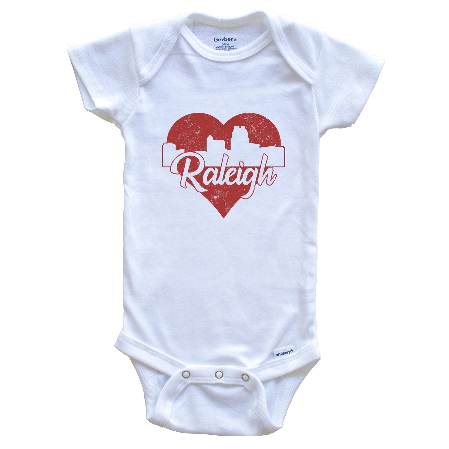 Retro Raleigh North Carolina Skyline Red Heart Baby Onesie