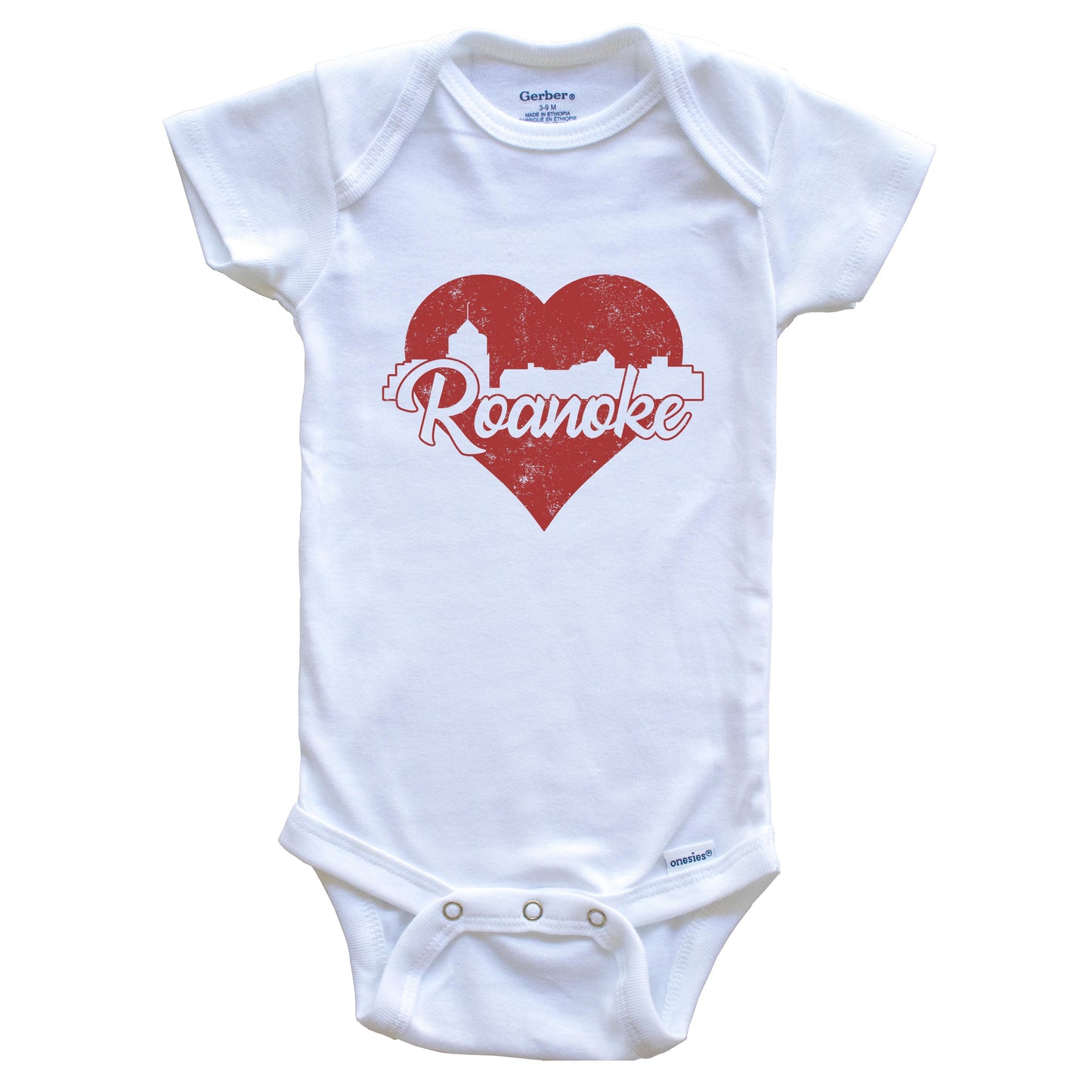Retro Roanoke Virginia Skyline Red Heart Baby Onesie