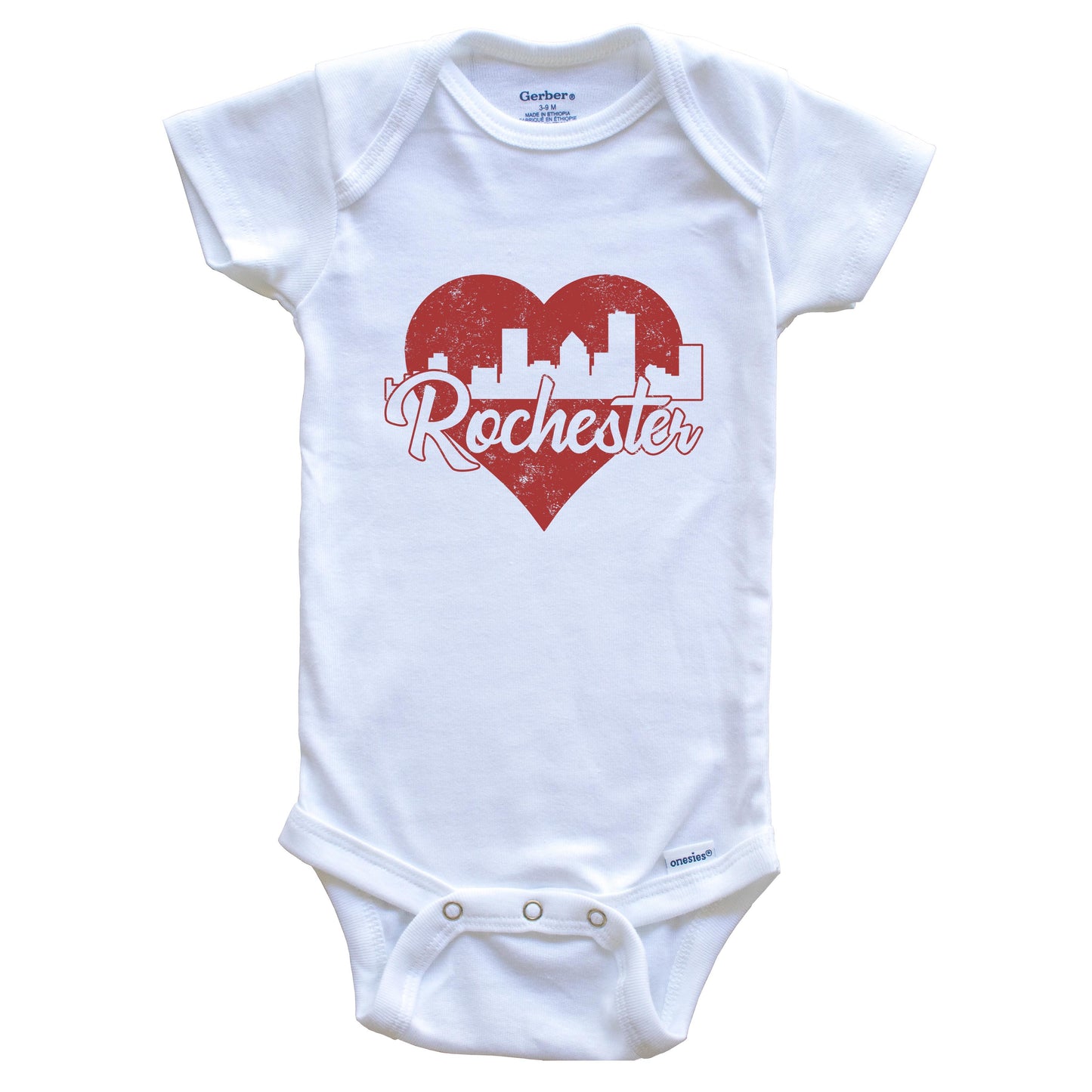 Retro Rochester New York Skyline Red Heart Baby Onesie