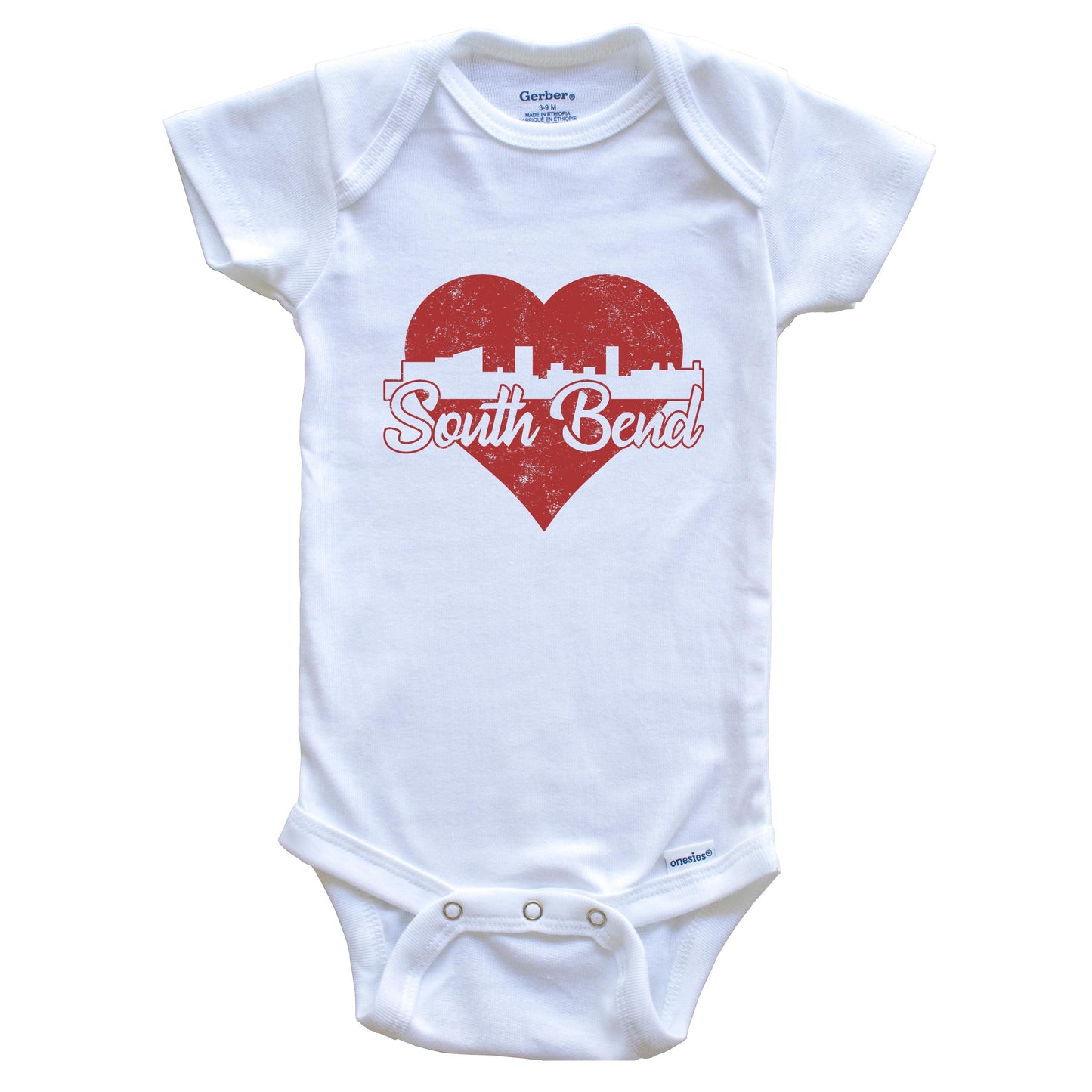 Retro South Bend Indiana Skyline Red Heart Baby Onesie