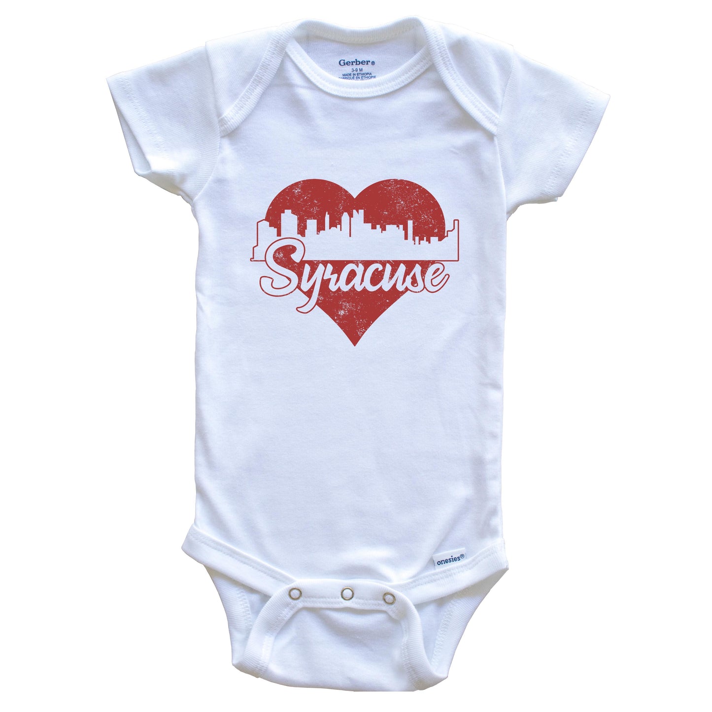 Retro Syracuse New York Skyline Red Heart Baby Onesie