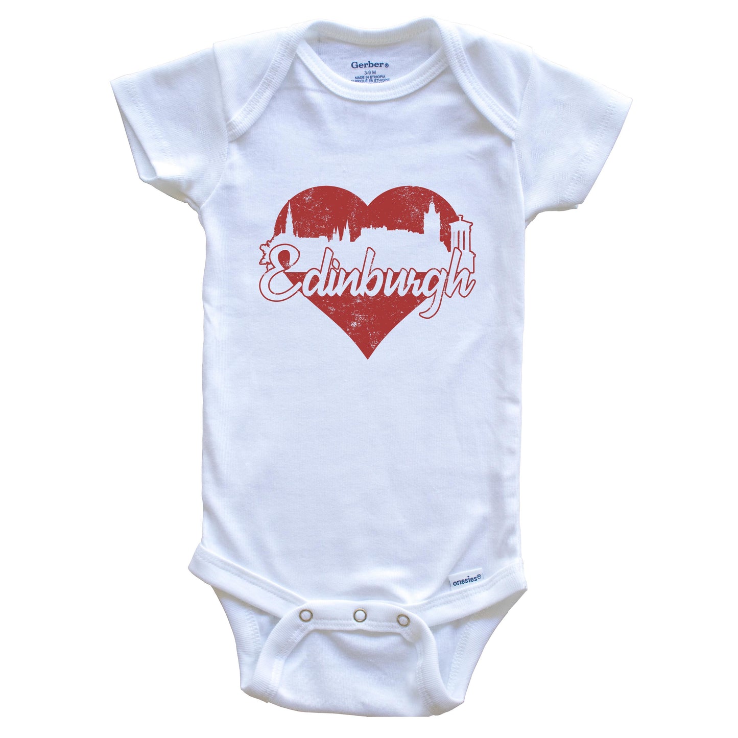 Retro Edinburgh Scotland Skyline Red Heart Baby Onesie