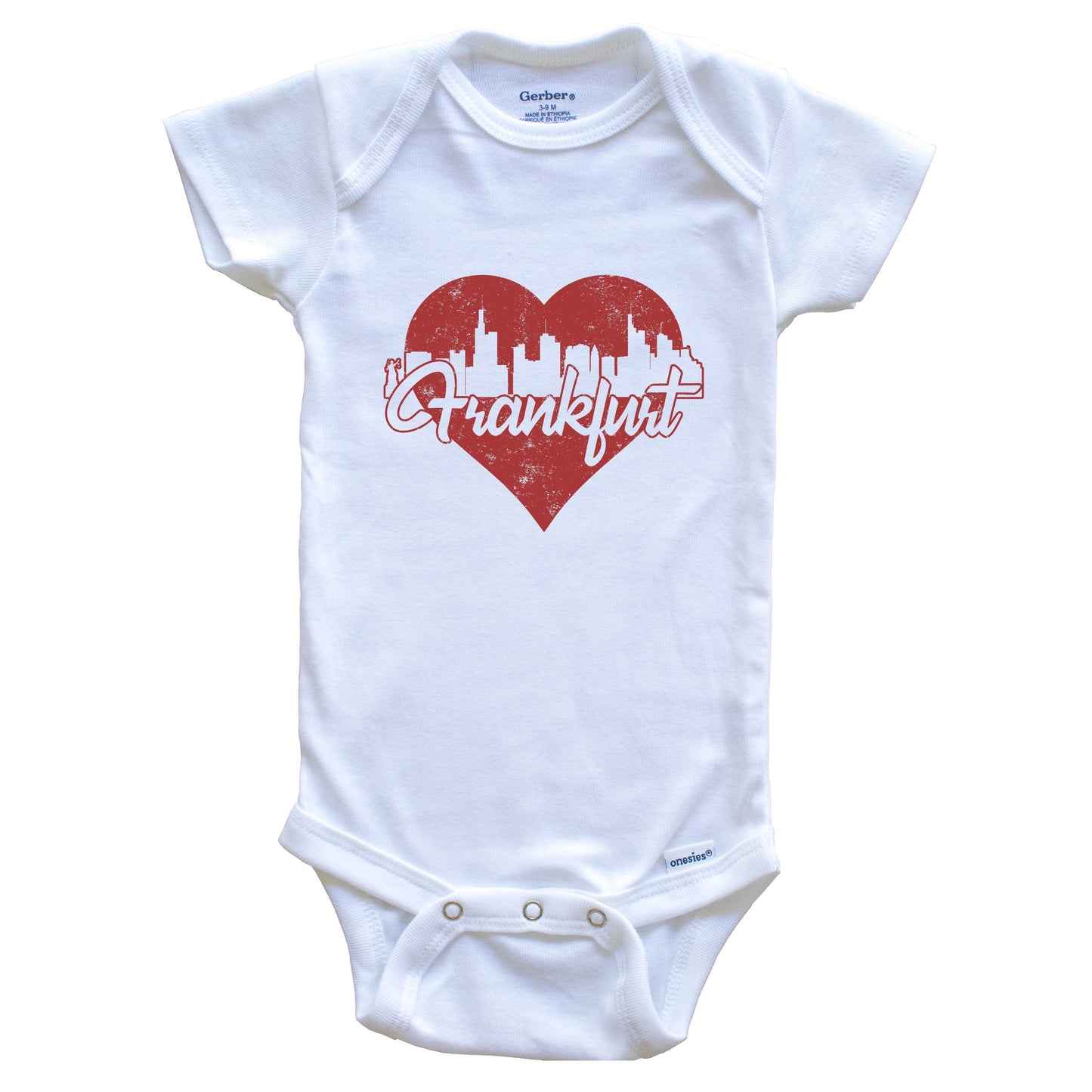 Retro Frankfurt Germany Skyline Red Heart Baby Onesie