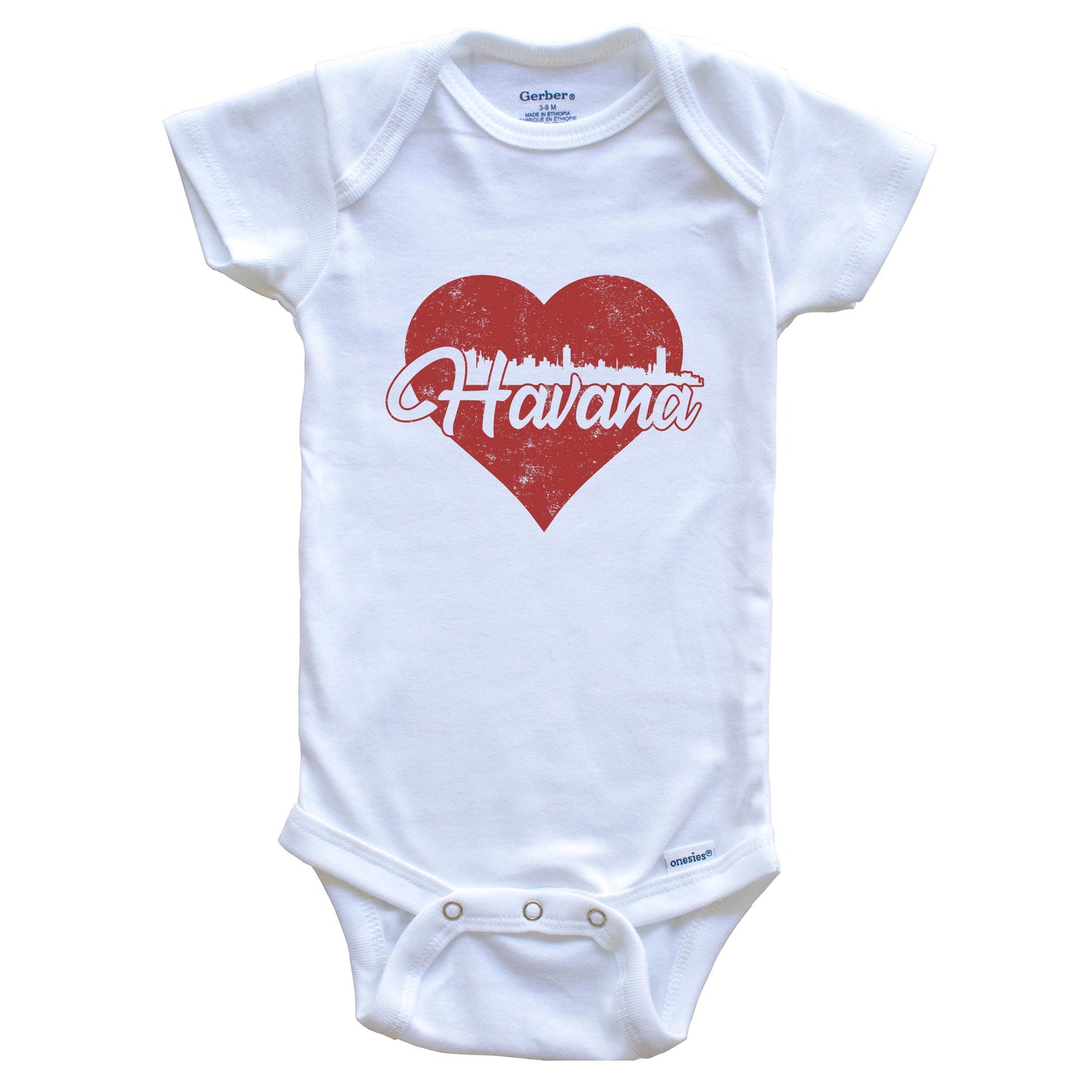 Retro Havana Cuba Skyline Red Heart Baby Onesie