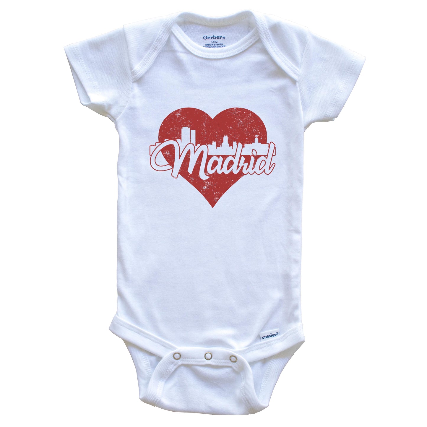 Retro Madrid Spain Skyline Red Heart Baby Onesie