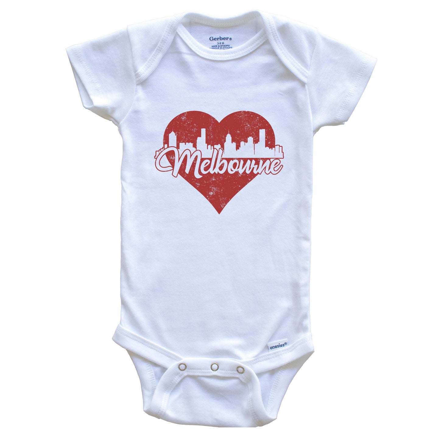 Retro Melbourne Australia Skyline Red Heart Baby Onesie